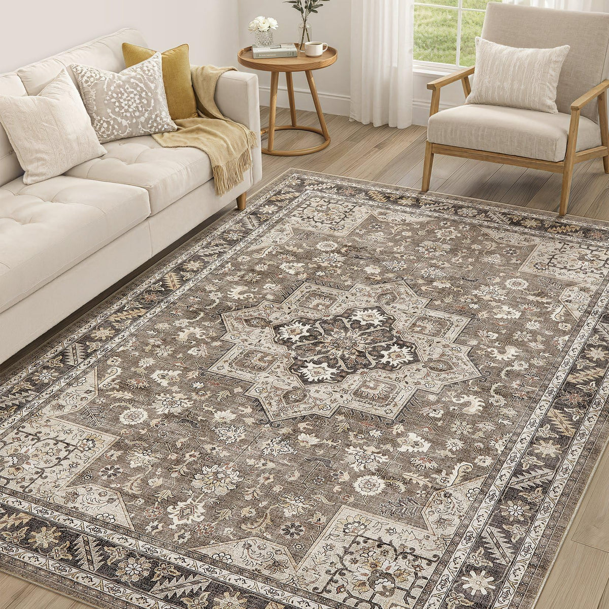 cotiled 5x7 Area Rug for Living Room, Washable, Traditional, Beige