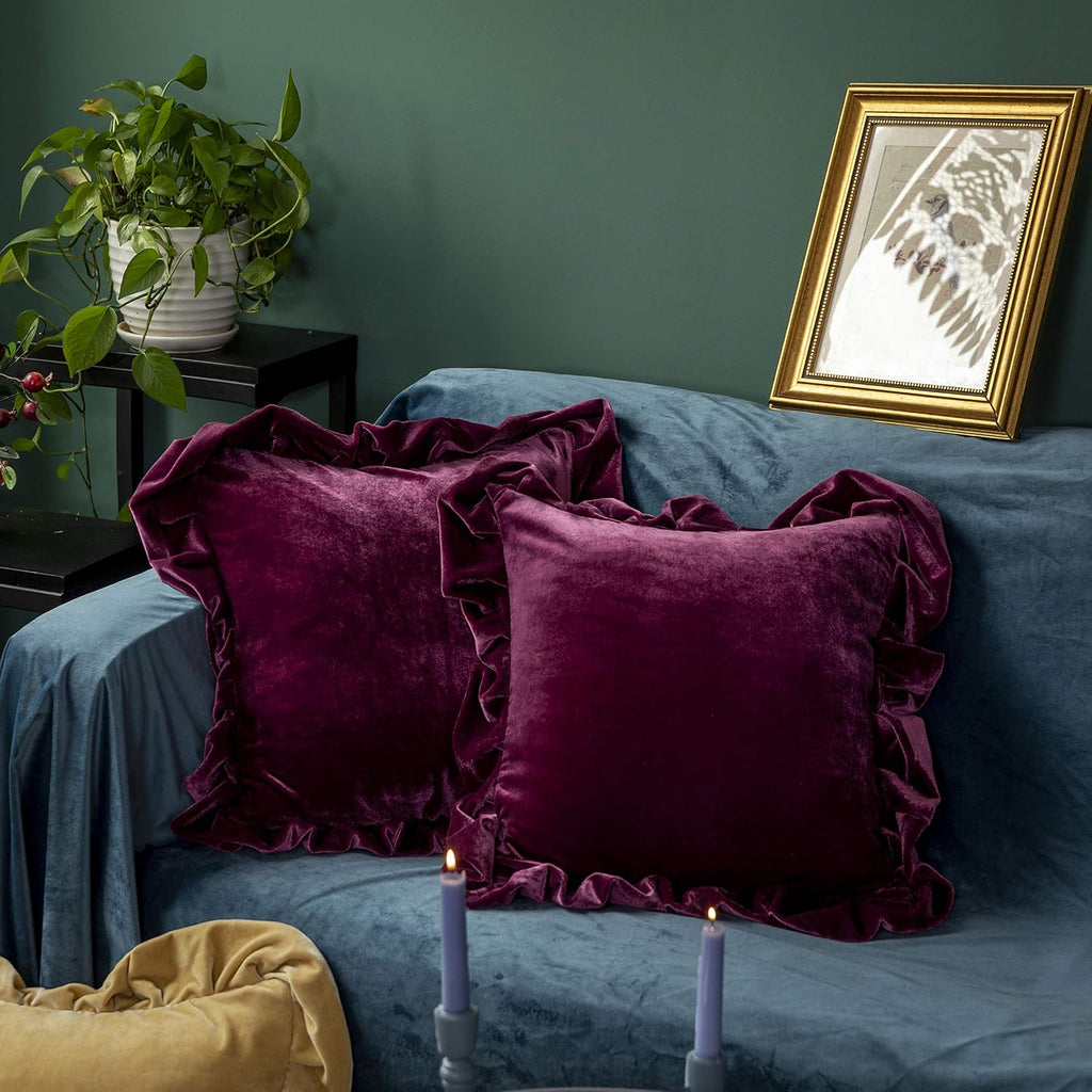 GLORY SEASON Velvet Throw Pillow Cover Soft Decorative Luxurious Solid Square Cushion Case for Sofa Couch Bedroom Farmhouse,Pack of 2, 18 x 18 Inches, Amaranth