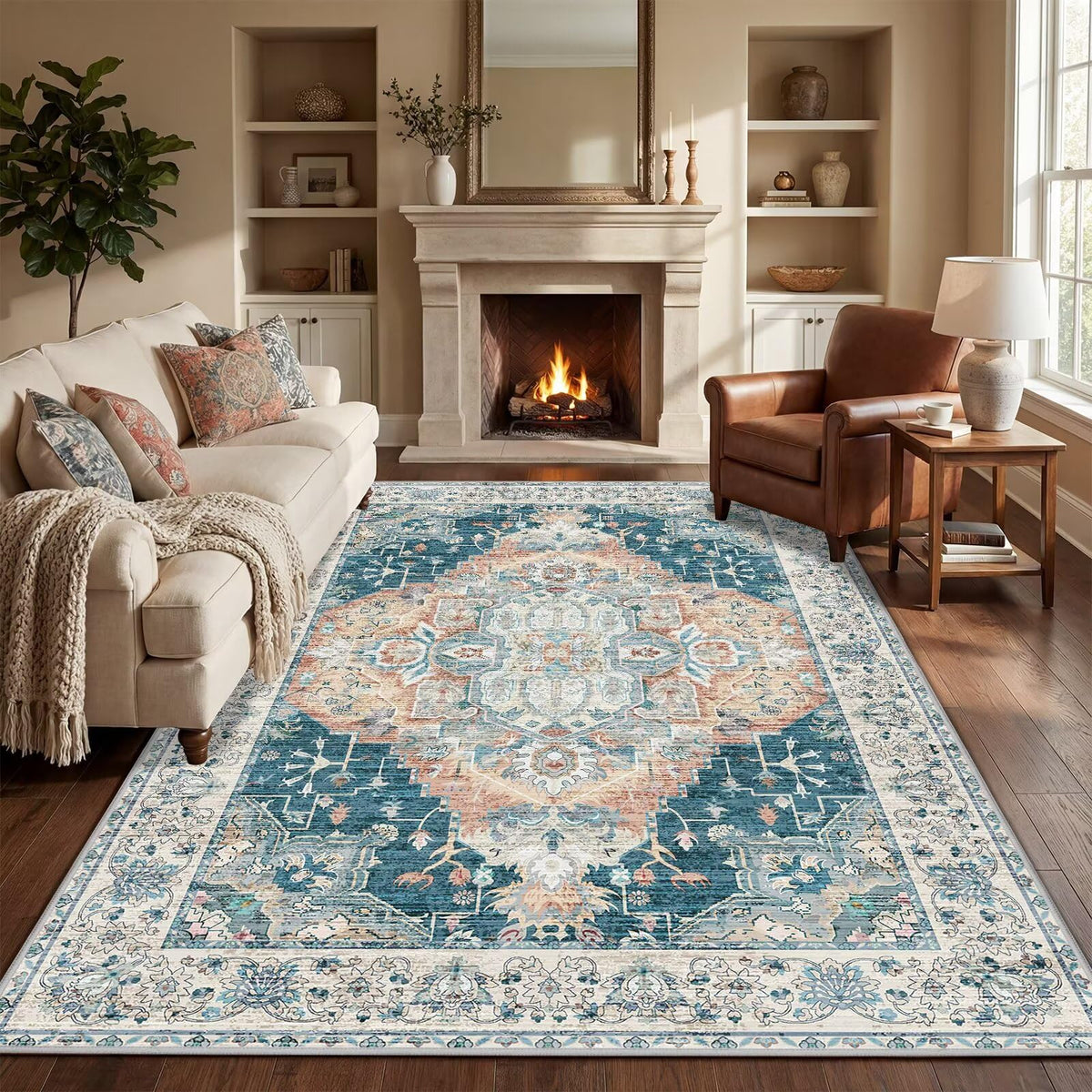 Washable 9x12 Area Rug for Living Room, Non-Slip Large Pink Bedroom Rugs