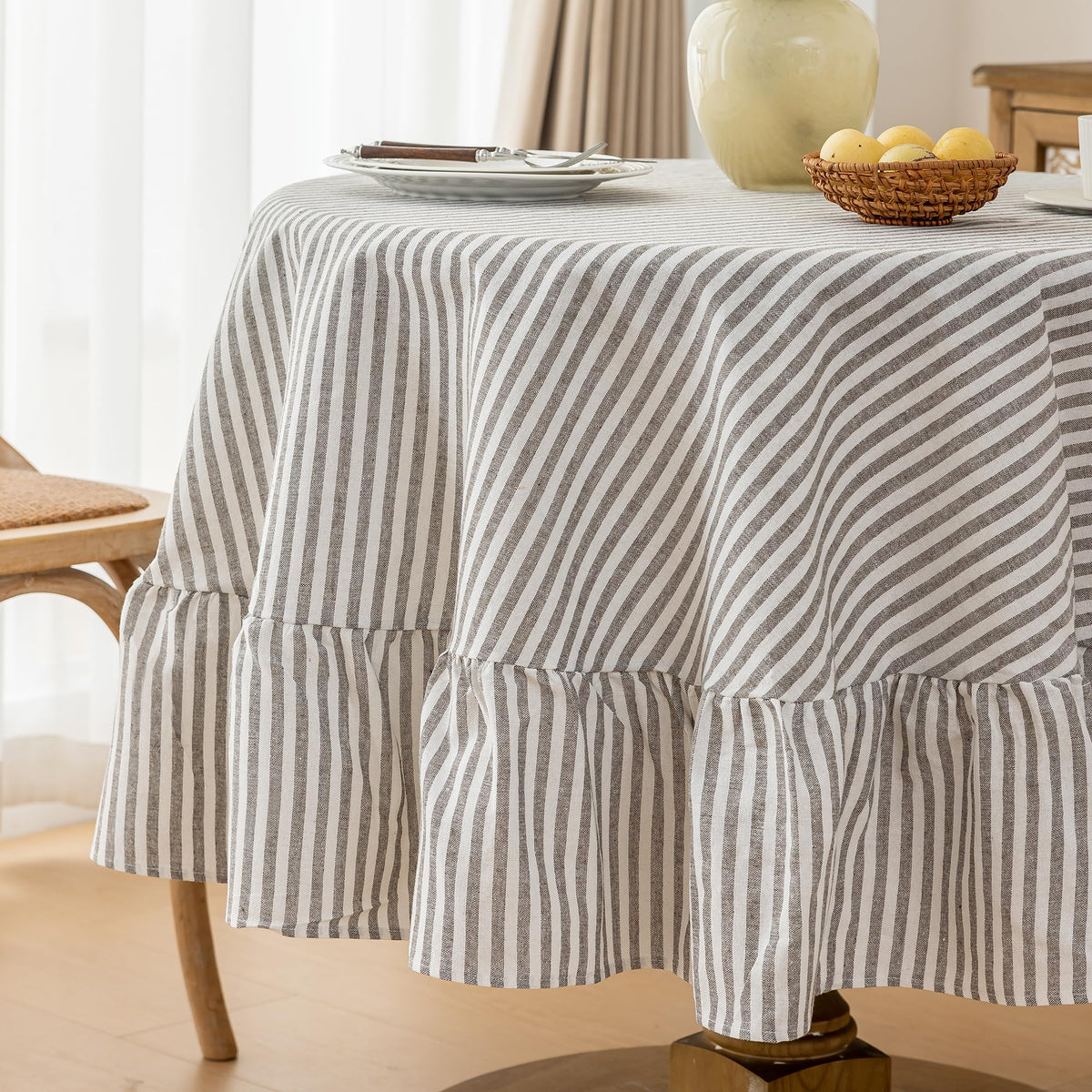 Striped Cotton Blend Tablecloth Ruffled Table Cloth Blue, 60"×120"