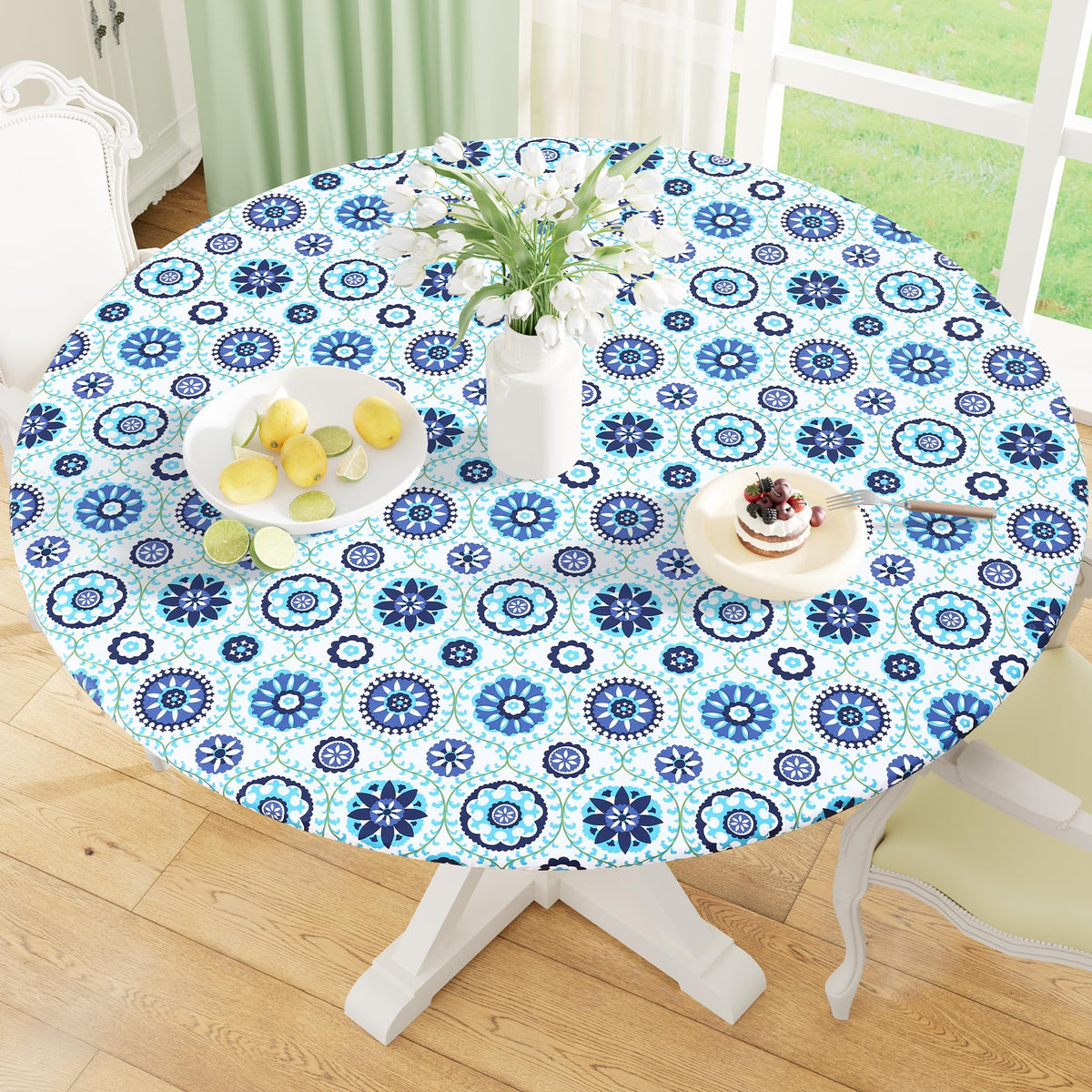 misaya Round Fitted Tablecloth with Elastic Edge, 100% Waterproof Oil Proof Plastic Table Cover, Vinyl Flannel Backed Tablecloth Fits 36"-44" Round Tables for Dinner, Outdoor, Picnic, Flowers