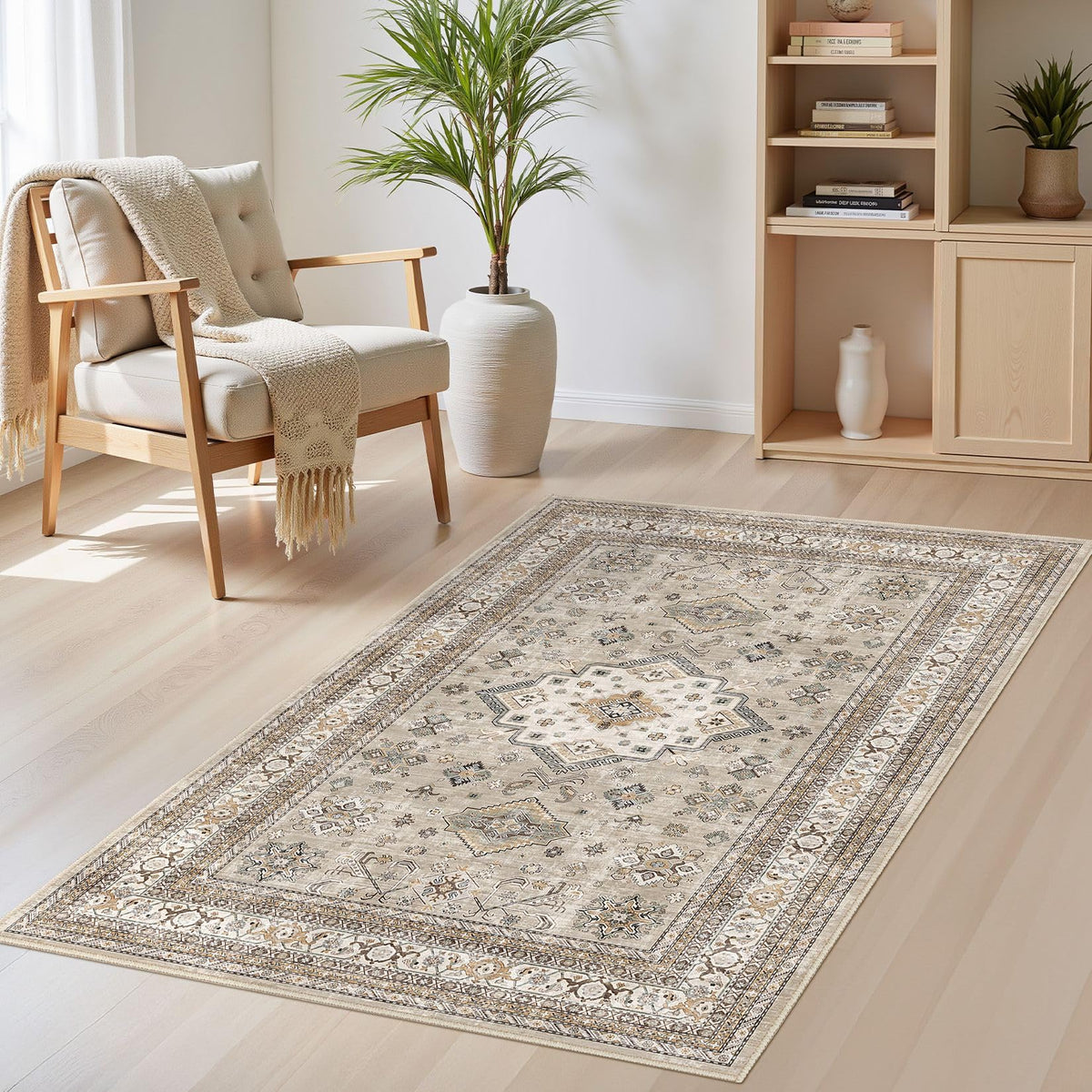 cotiled 5x7 Area Rug for Living Room, Washable, Traditional, Beige