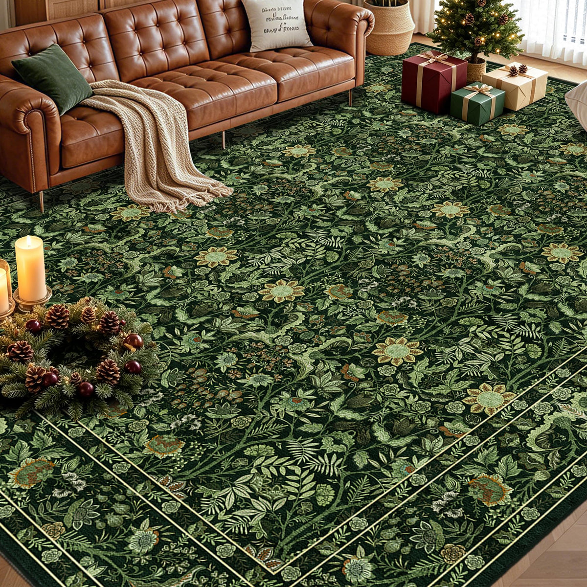 Vintage Botanical Area Rug 8x10: Floral Carpet Non-Slip - Dark Green
