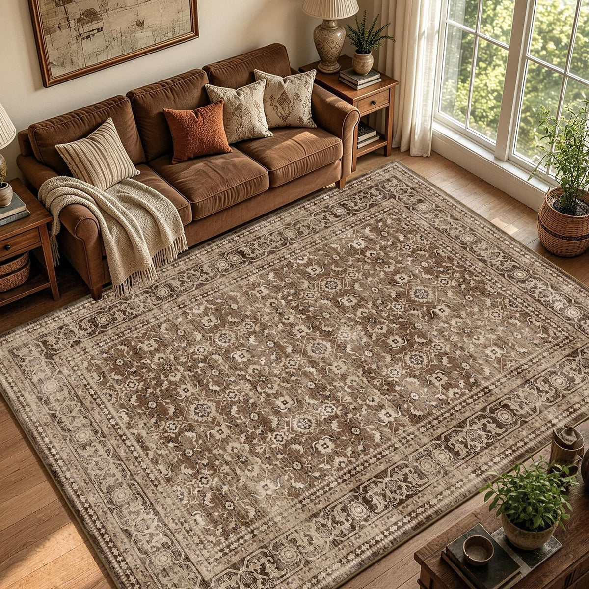 6x9 Ft Large Area Rugs for Living Room, Soft Non-Slip Machine Washable Rug, Vintage Stain Resistant Carpets for Bedroom Nursery Dining Room Home Decor (Beige)