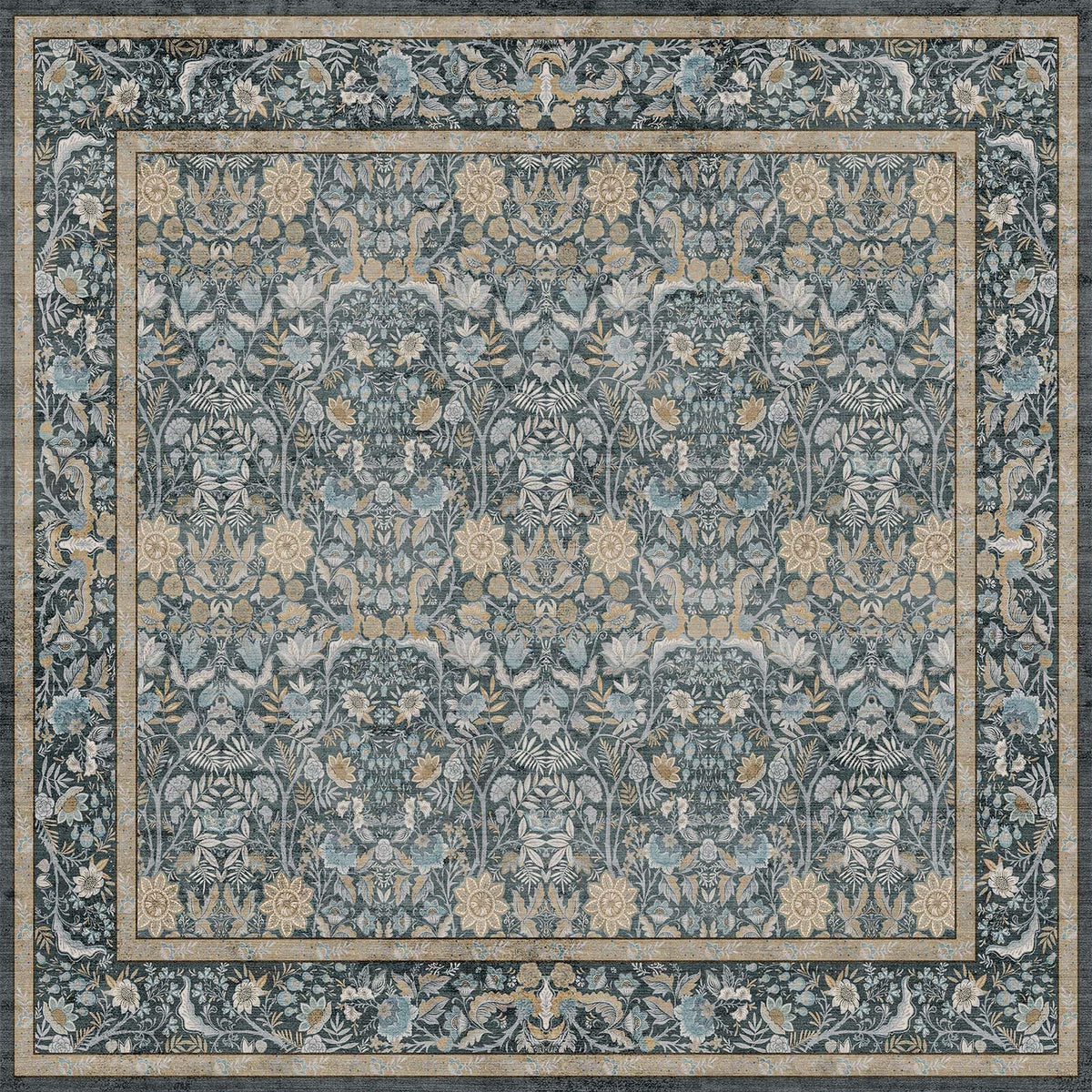 Vintage Botanical Area Rug 8x10: Floral Carpet Non-Slip - Dark Green