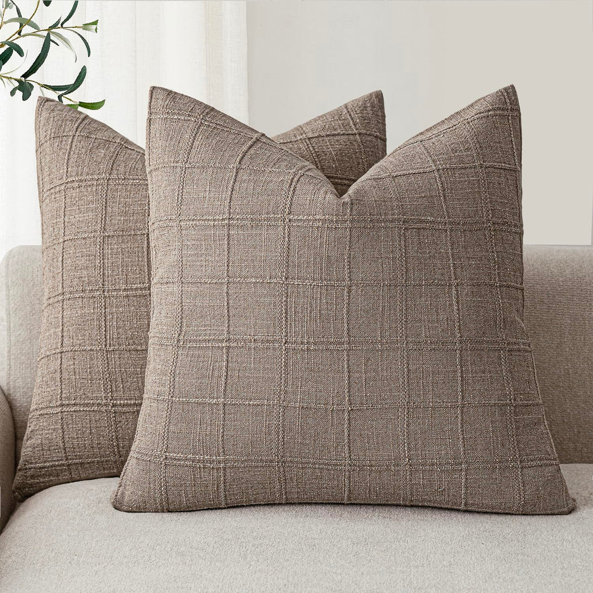 Foindtower Boho Linen Check Decorative Throw Pillow Cover 20×20 Olive Green