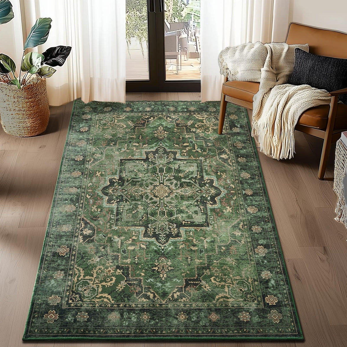 Vintage Dark Green Area Rugs 5x7 for Living Room, Tranditional Distressed Medallion Printed Low Pile Thin Rugs for Bedroom, Non Slip Washable Carpet Rugs for Dining Room/Kitchen/Home Office