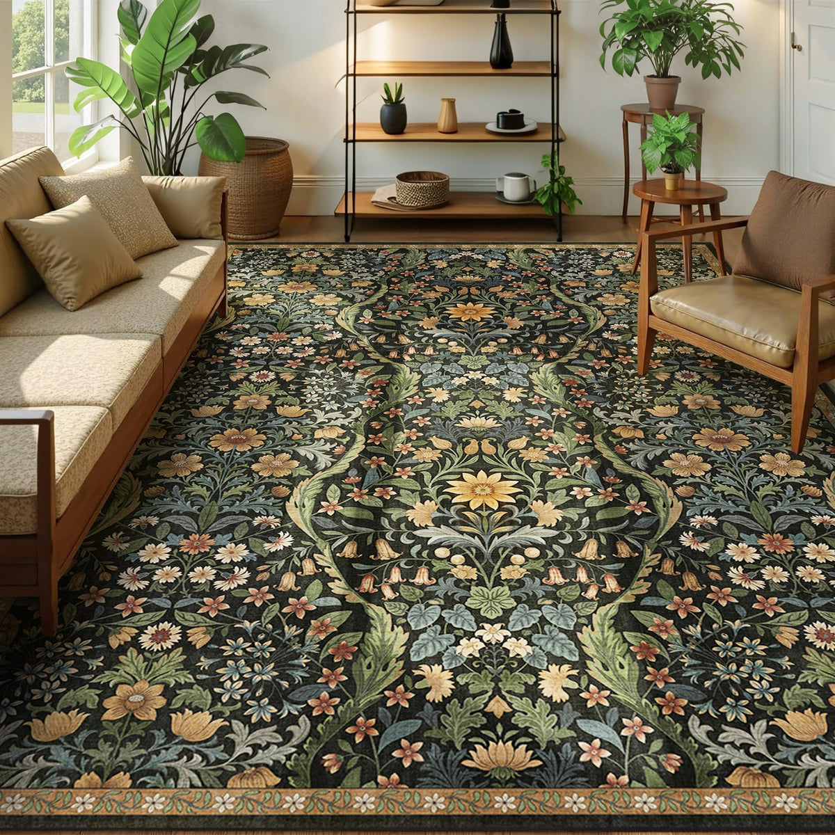 Floral Area Rug 5x7 Botanical Washable Carpet for Living Room