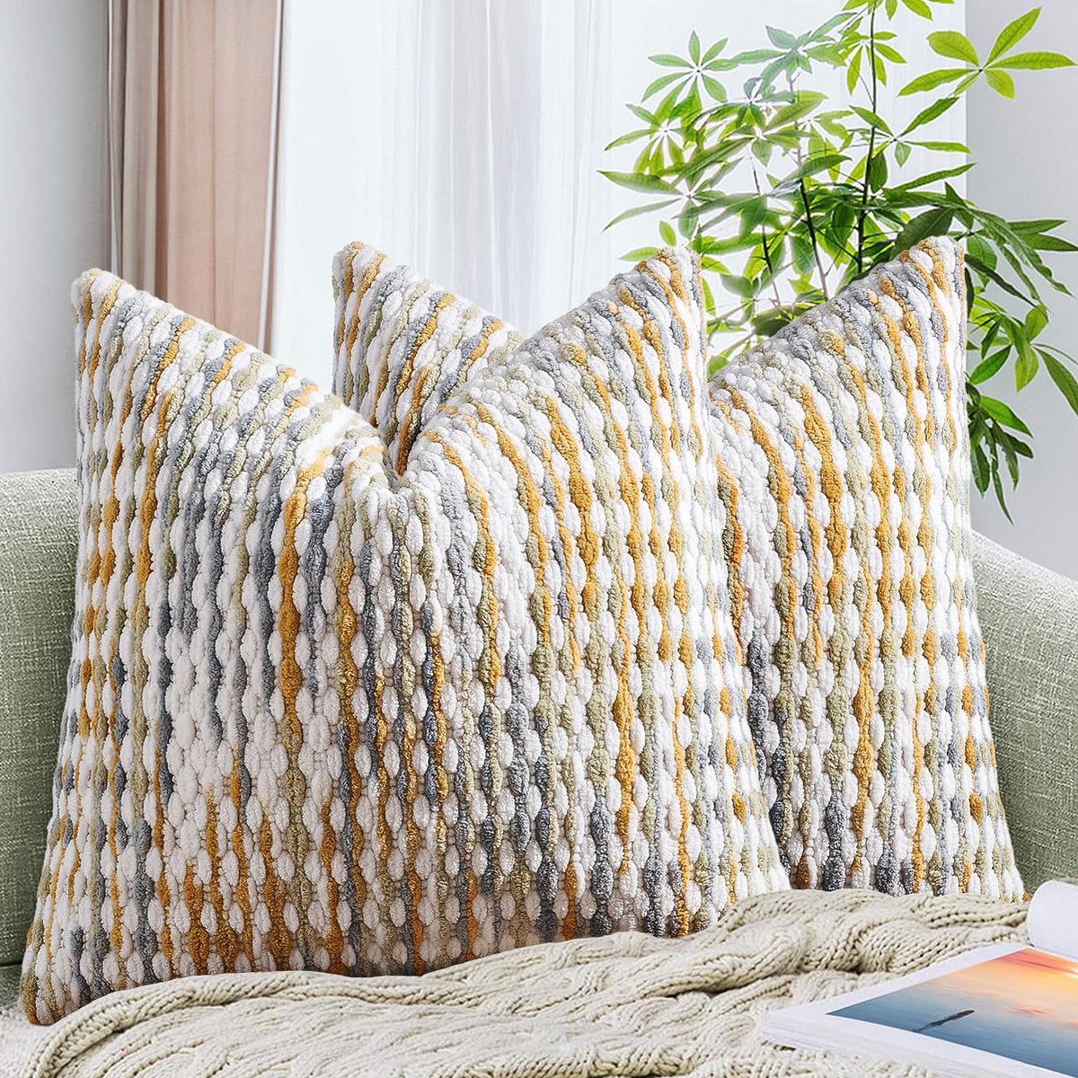 AmHoo Set of 2 Boho Chenille Pillow Cover Decorative Tufted Pillowcase for Couch Bed Sofa Bedroom Living Room Modern 18 x 18-Inch Brown