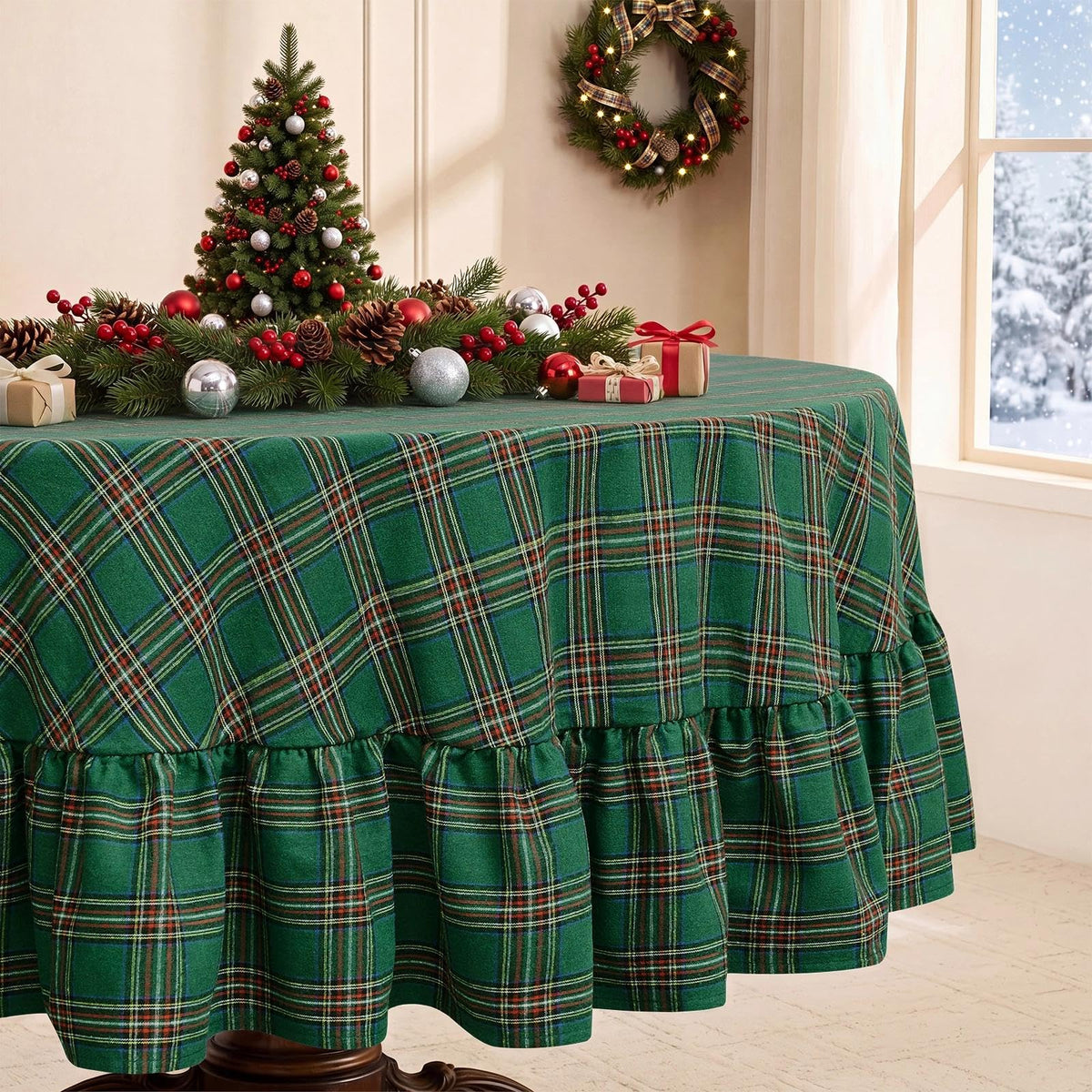 Romanstile Gingham Ruffled Tablecloth Rectangle, 60 x 84 Inch, Sage Green