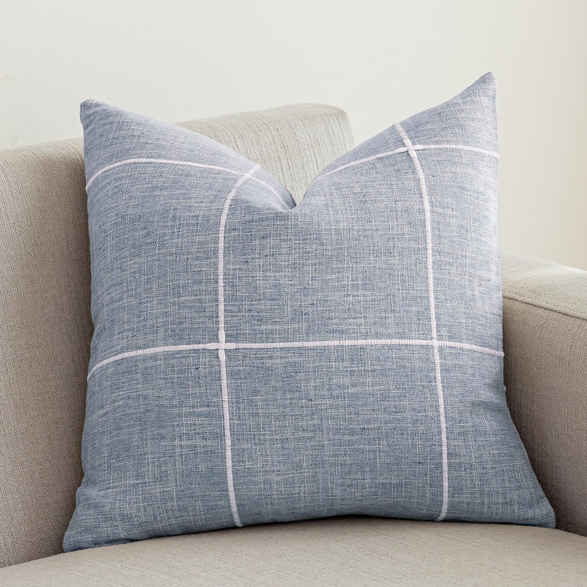 vctops Rustic Lattice Cotton Linen Decorative Throw Pillow Cover Embroidery Square Cushion Cover Pillowcase for Sofa Bedroom Couch (Plaid Coffee,18"x18")