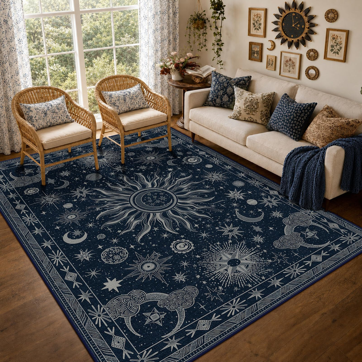 Vacuum-Friendly, 5x7 Washable Area Rug, Black Gold Beige Red
