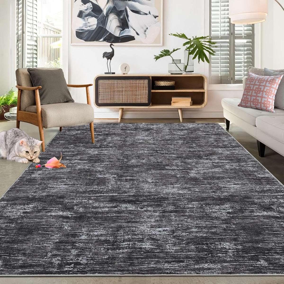 RUGSREAL Bedroom Area Rug 4x6 Modern Abstract Area Rug Stain Resistant Small Living Room Rug Contemporary Dining Room Rug Non-Slip Solid Rug Aesthetic Accent Floor Carpet for Kitchen Office, Dark Grey