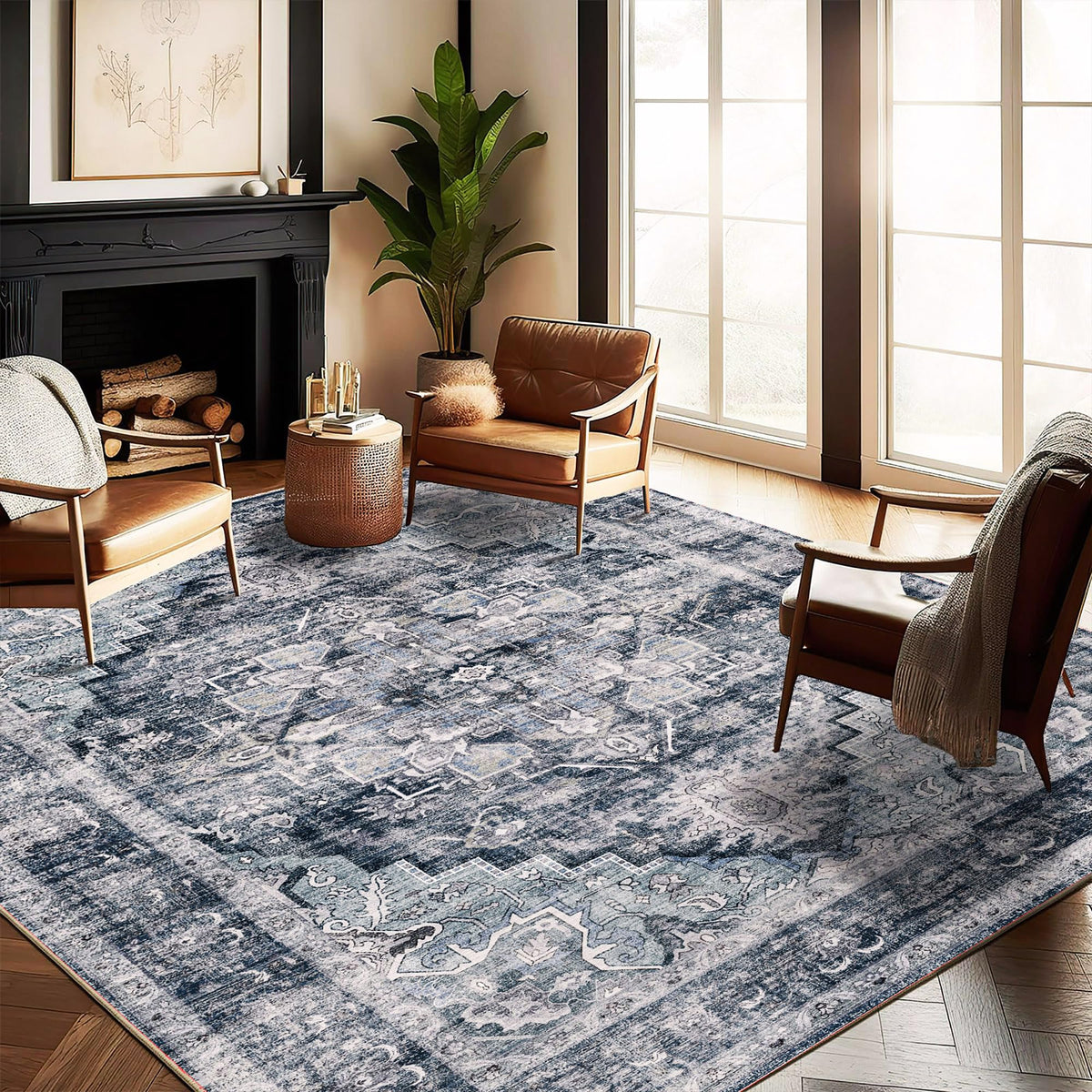 CHAMPLANT 6'x9' Washable Vintage Area Rug Boho Chic Medallion Distressed Design Non-Shedding Easy Care Ideal for High Traffic Areas in Living Room Bedroom Kitchen Office Large Carpet