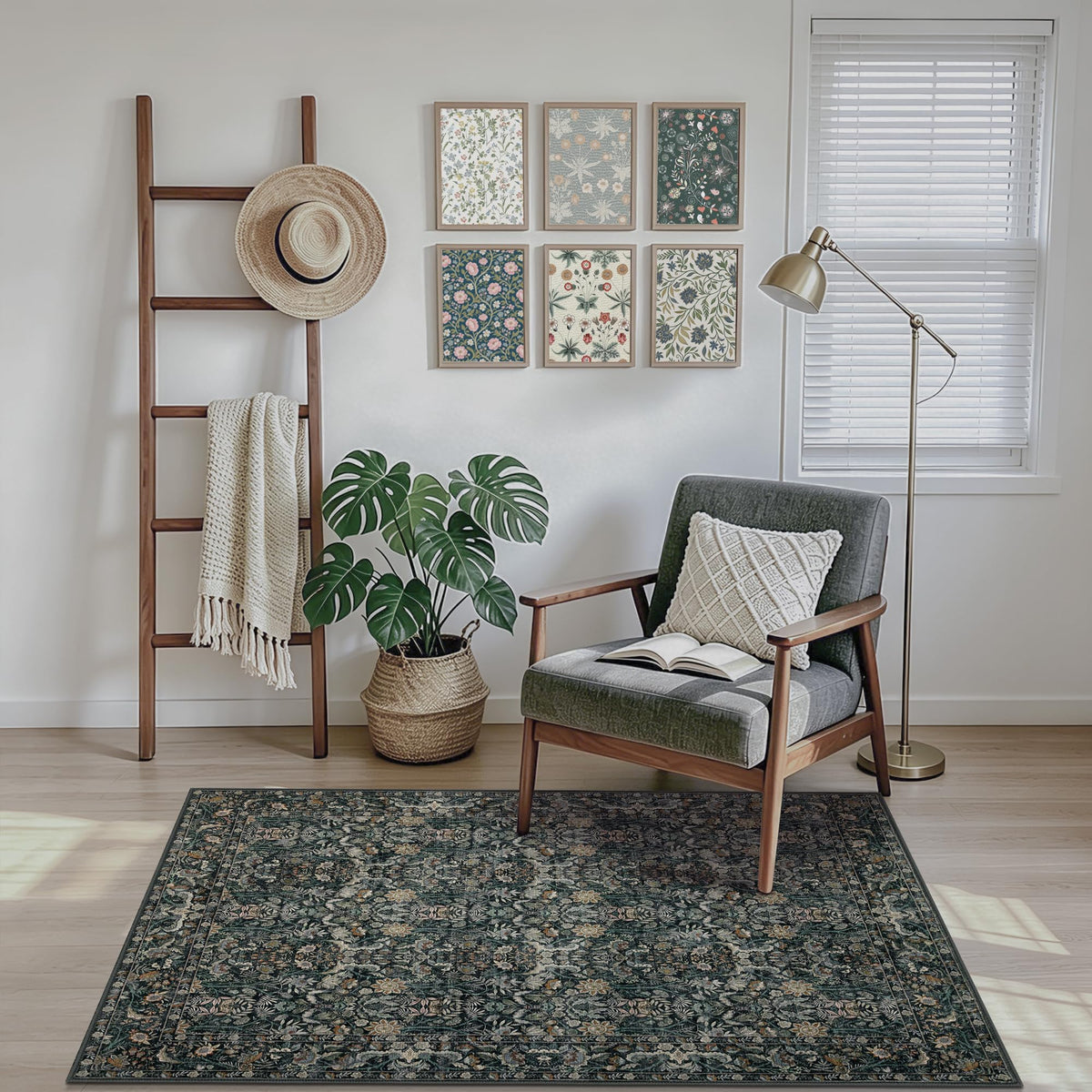 Vintage Botanical Area Rug 8x10: Floral Carpet Non-Slip - Dark Green