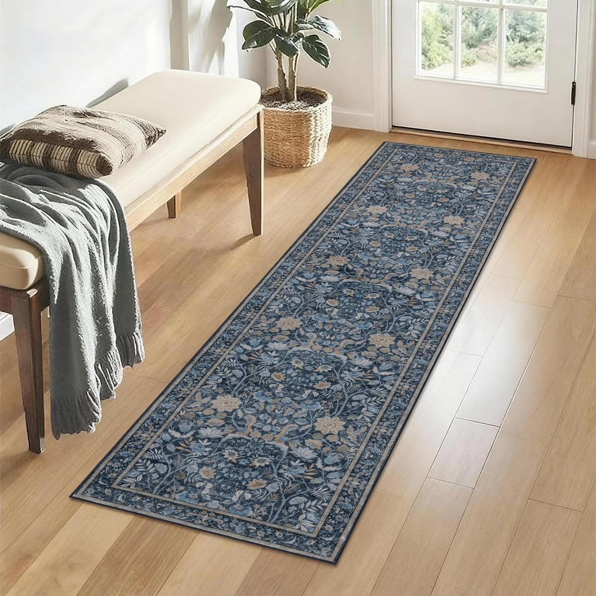 Vintage Botanical Area Rug 8x10: Floral Carpet Non-Slip - Dark Green