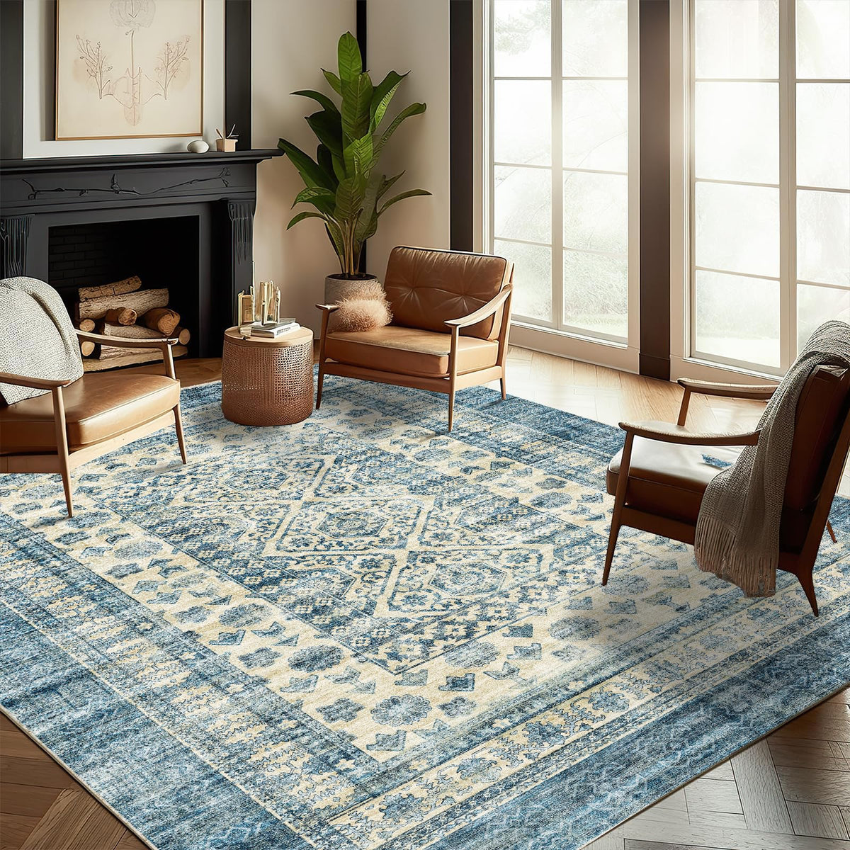 CHAMPLANT 6'x9' Washable Vintage Area Rug Boho Chic Medallion Distressed Design Non-Shedding Easy Care Ideal for High Traffic Areas in Living Room Bedroom Kitchen Office Large Carpet