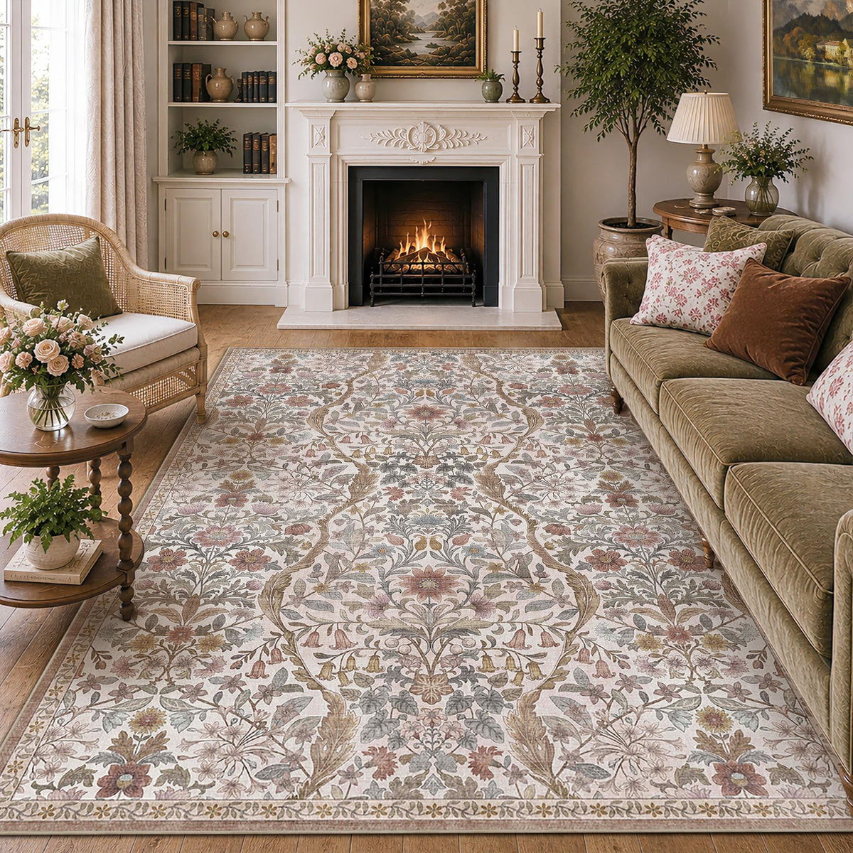 Floral Area Rug 5x7 Botanical Washable Carpet for Living Room