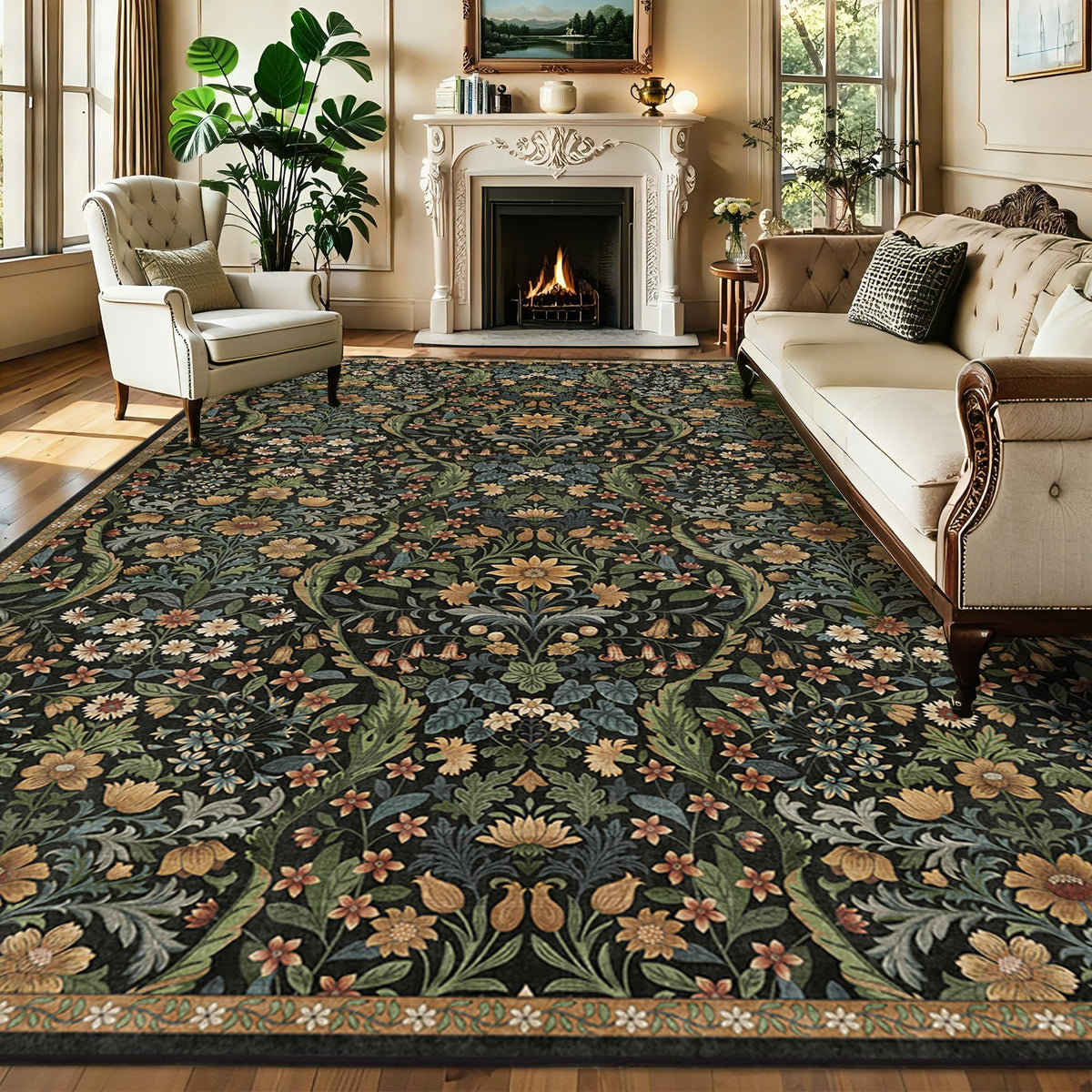 Floral Area Rug 5x7 Botanical Washable Carpet for Living Room