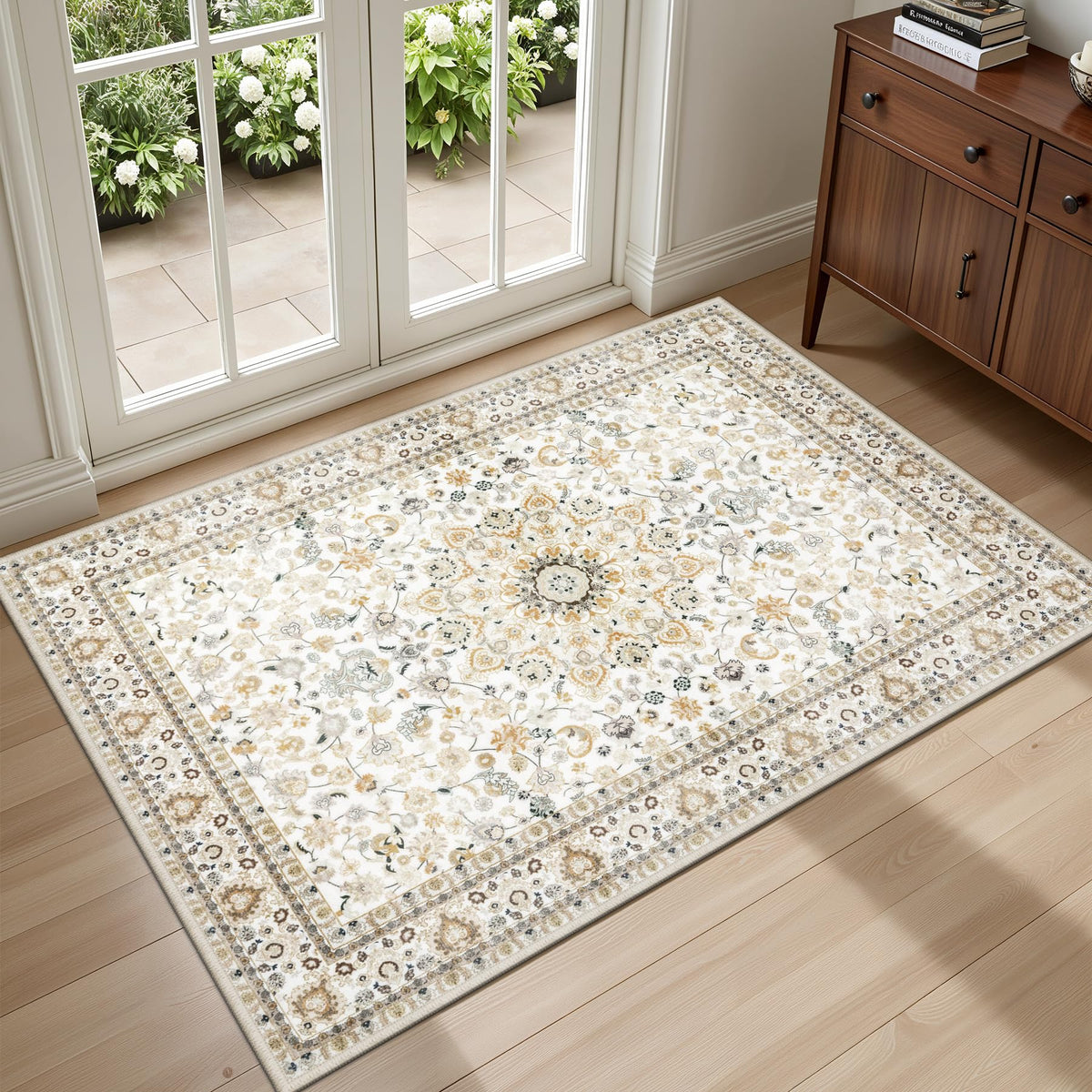 5x7 Area Rugs Living Room: Washable Vintage Rug for Bedroom Beige