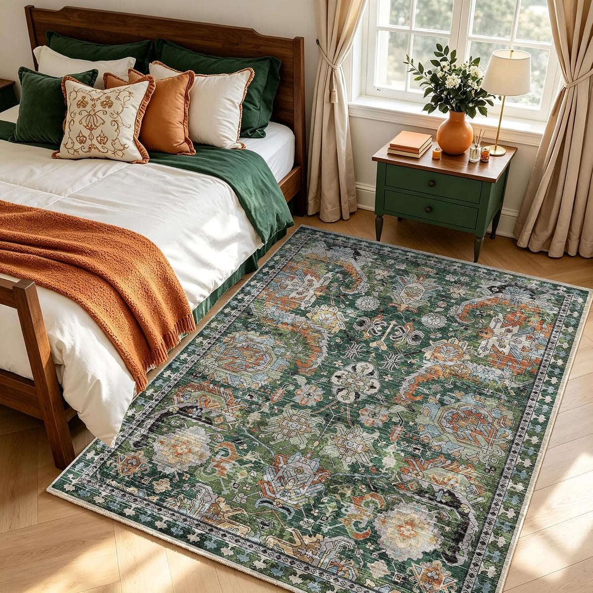 RUGSURE Washable Area Rugs - Perfect for Living Room, Bedroom, Kids Room, Nursery - Stain & Water Resistant Non-Slip, Pet & Child Friendly, Vintage Tribal Area Rugs (Green, 5' x 7')