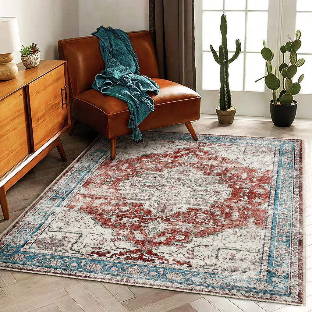CHAMPLANT 6'x9' Washable Vintage Area Rug Boho Chic Medallion Distressed Design Non-Shedding Easy Care Ideal for High Traffic Areas in Living Room Bedroom Kitchen Office Large Carpet
