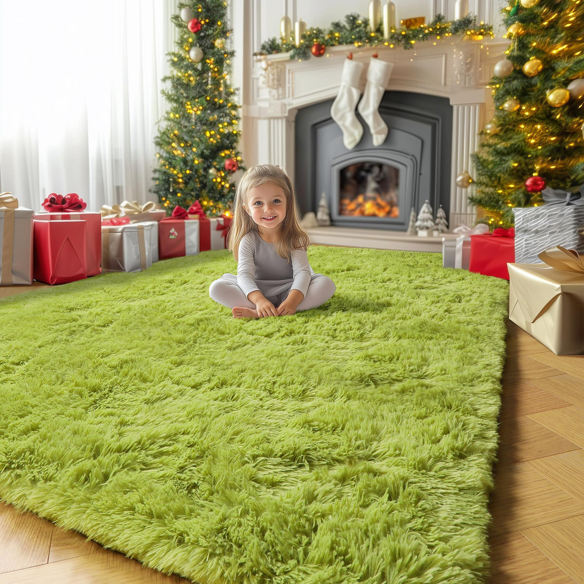 Amdrebio Grass Green Fluffy Area Rug 4x6 for Bedroom Classroom Living Room