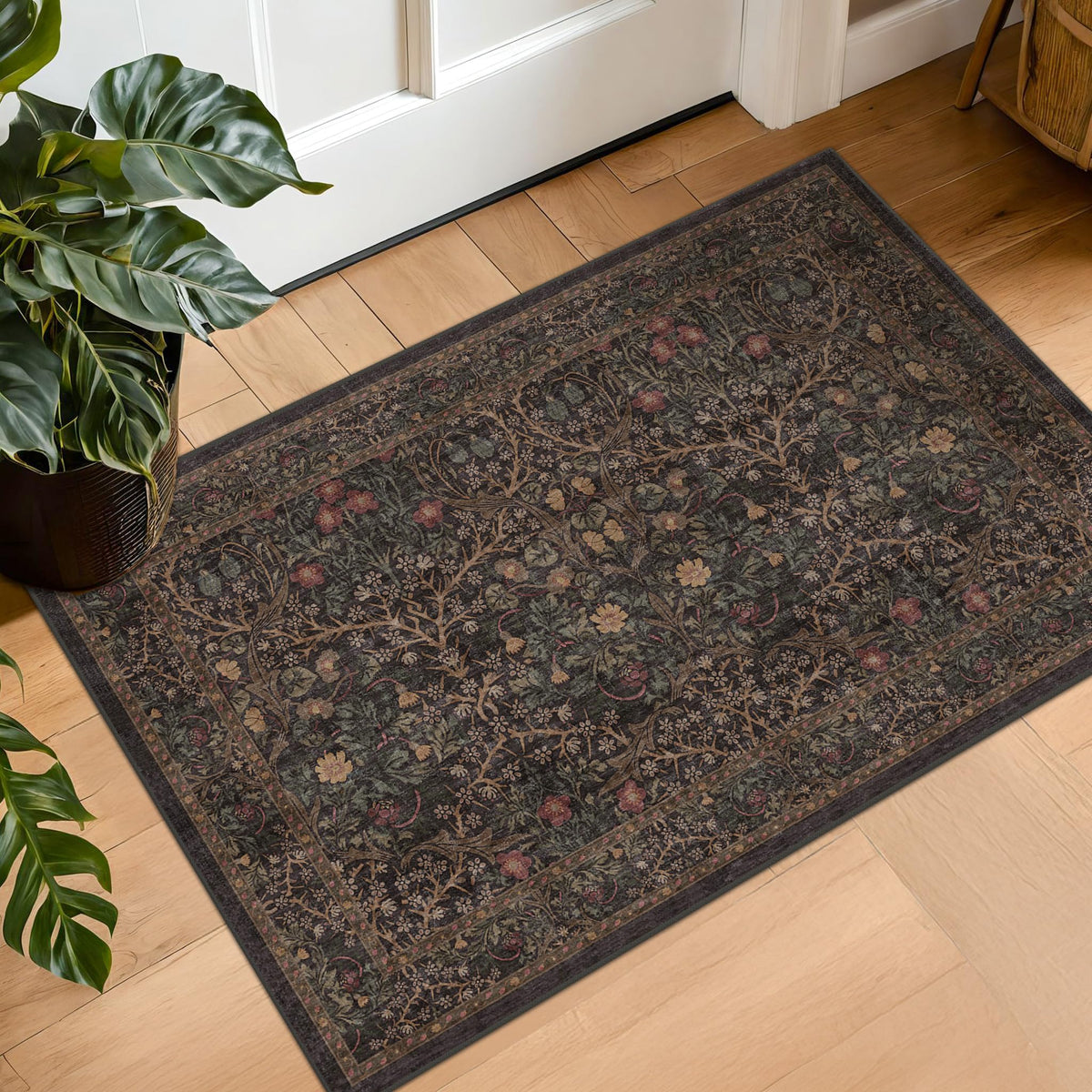 Vintage Floral Dark Green 3x5 Area Rugs for Entryway, Kitchen, Bedroom Beside Rug, Laundry Room, Non-Slip Low Pile Ultra Soft Stain Resistant Small Carpet