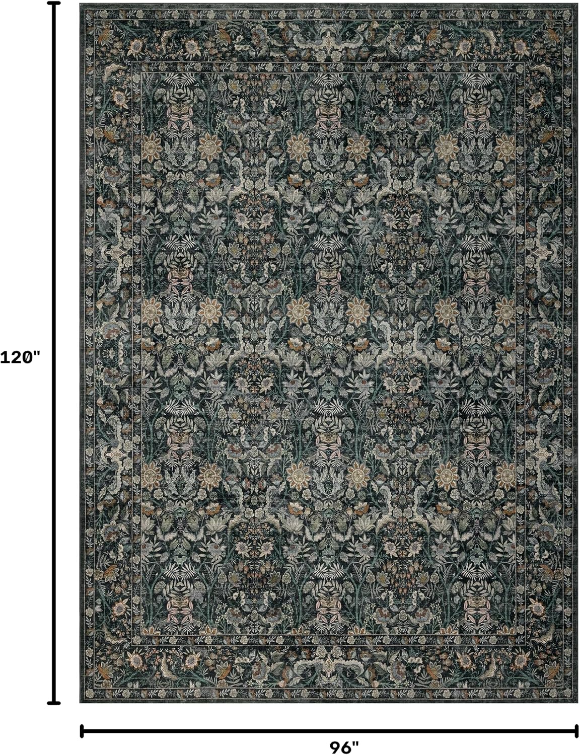 Vintage Botanical Area Rug 8x10: Floral Carpet Non-Slip - Dark Green