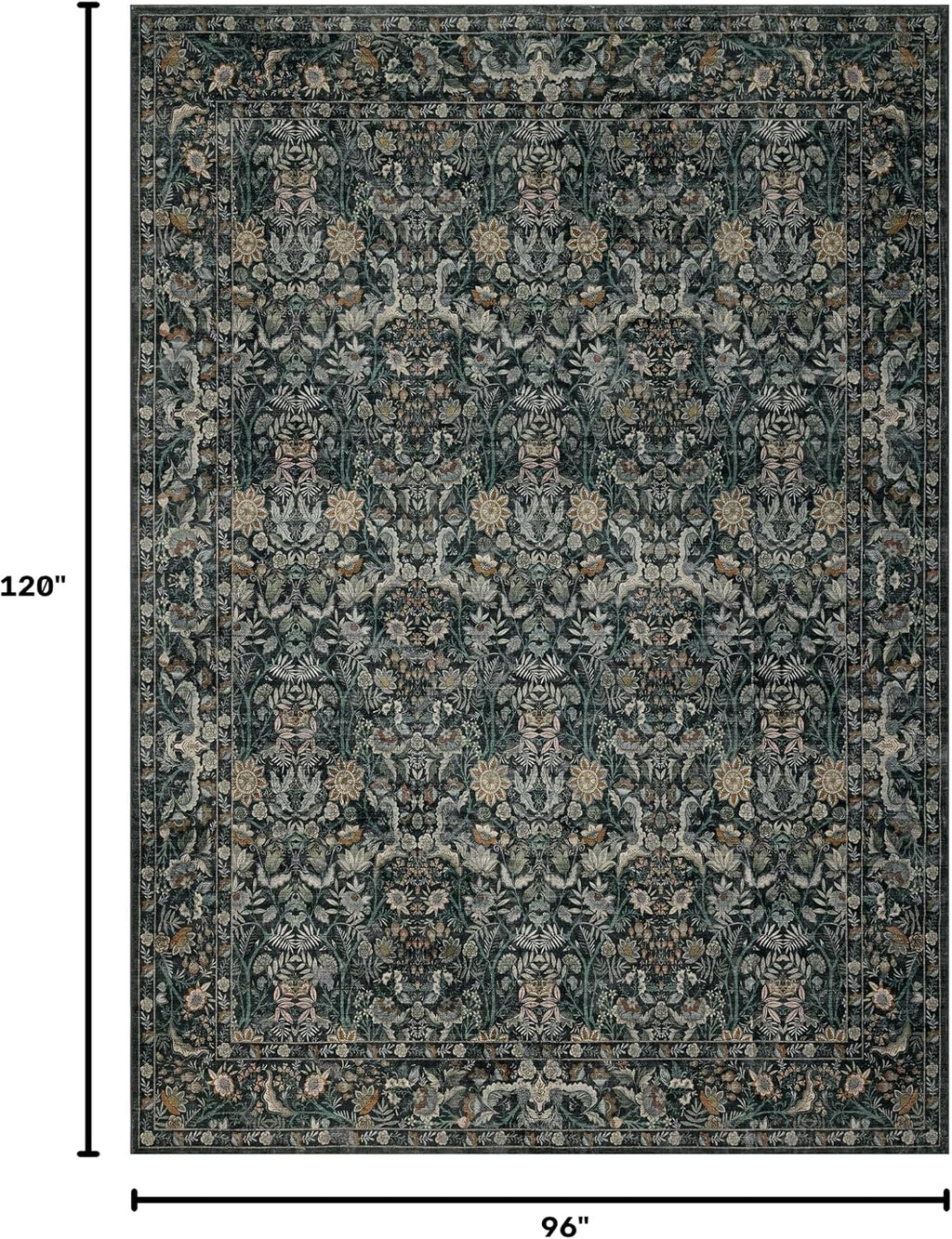 Vintage Botanical Area Rug 8x10: Floral Carpet Non-Slip - Dark Green