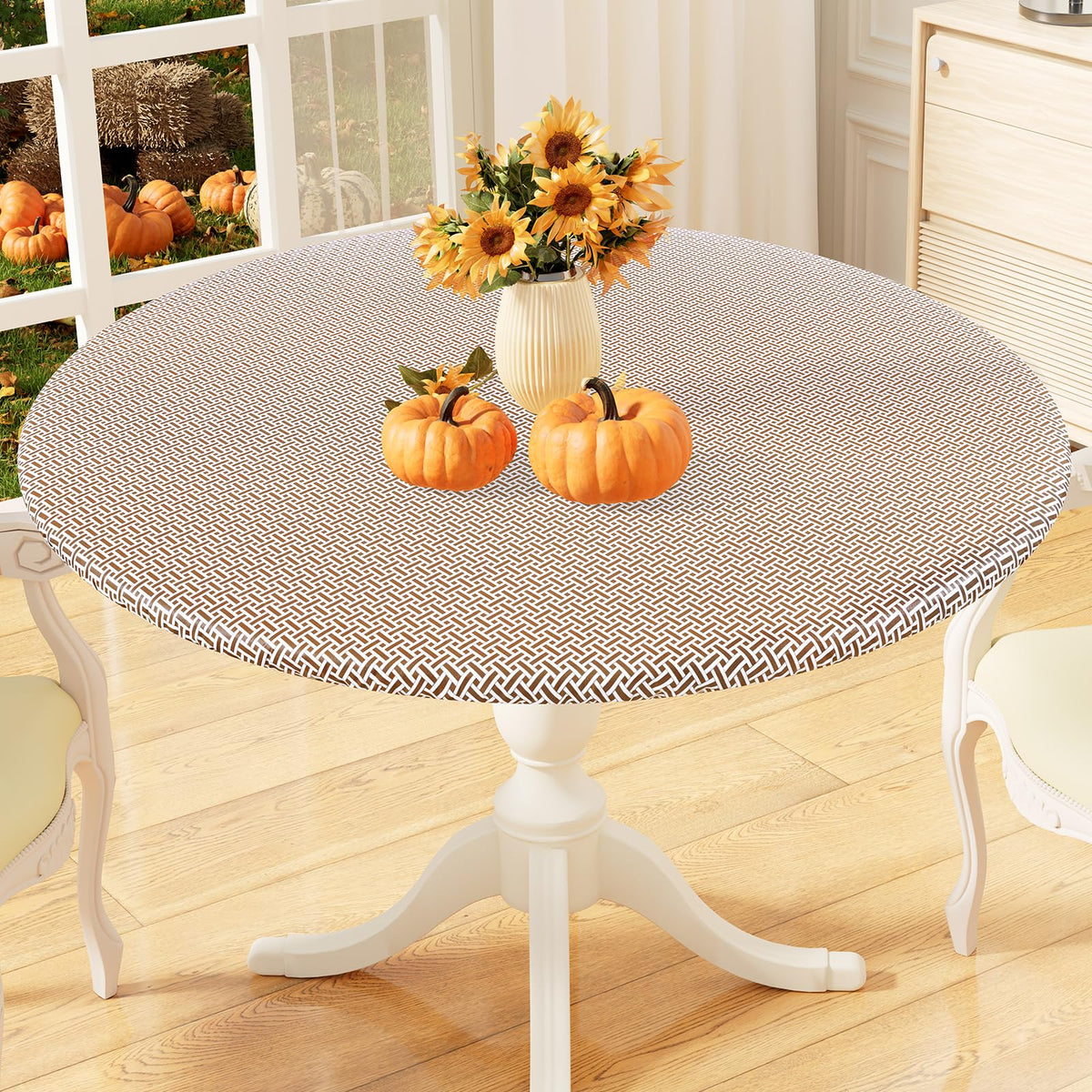 misaya Round Fitted Tablecloth with Elastic Edge, 100% Waterproof Oil Proof Plastic Table Cover, Vinyl Flannel Backed Tablecloth Fits 36"-44" Round Tables for Dinner, Outdoor, Picnic, Flowers