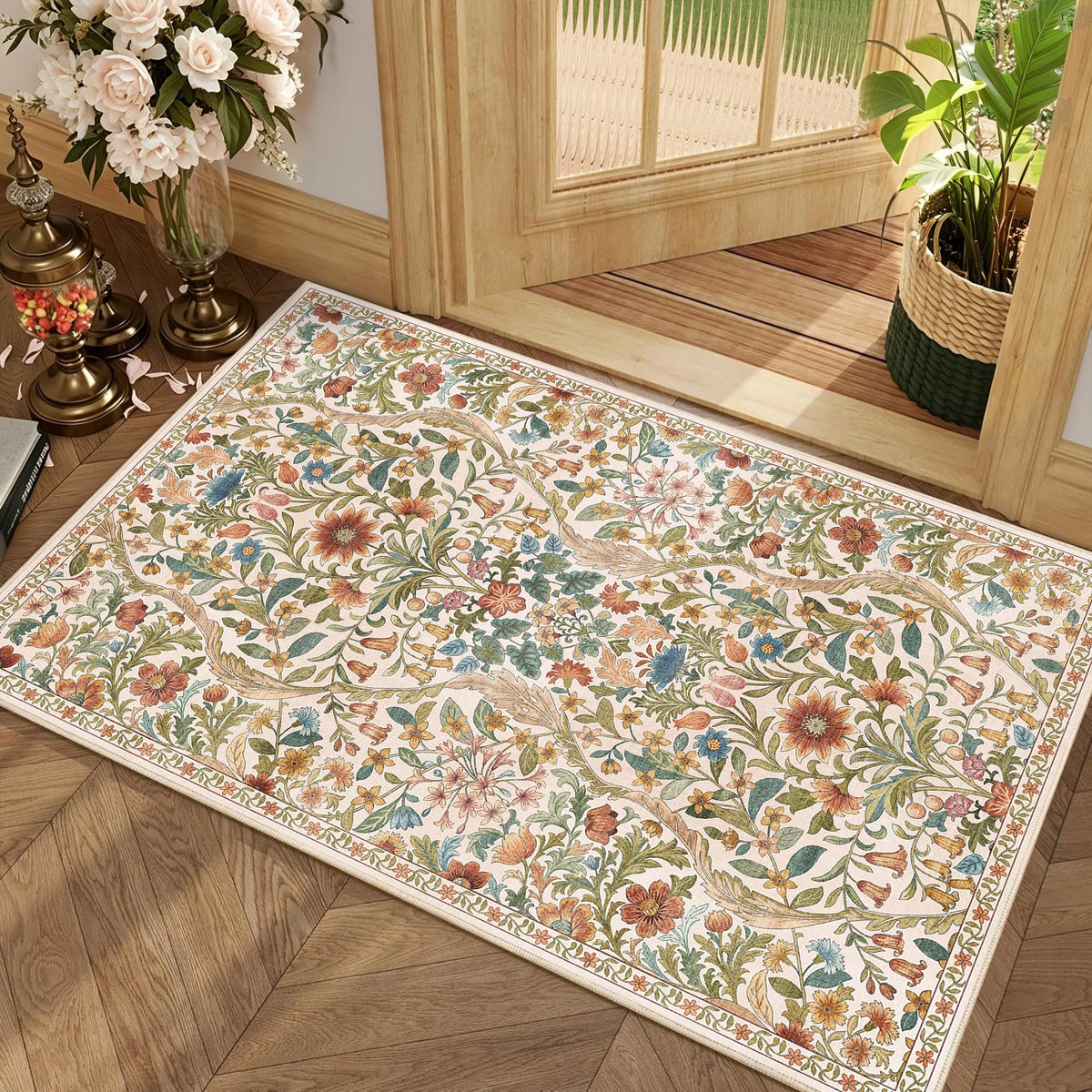 Floral Area Rug 5x7 Botanical Washable Carpet for Living Room