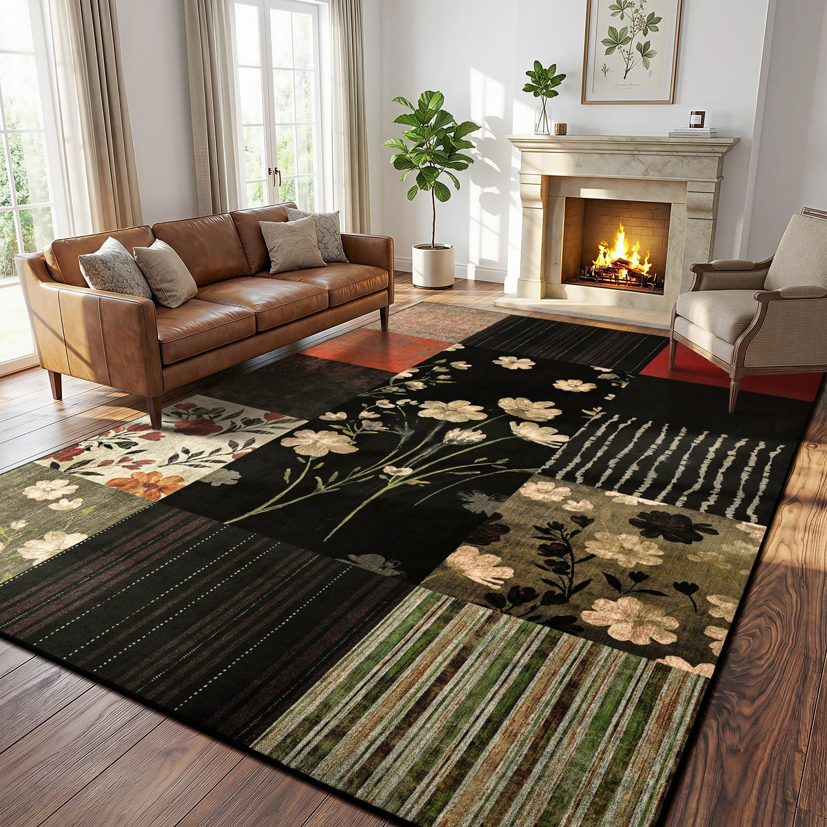 4'x6' Colorful Geometric Patchwork Floral Area Rug