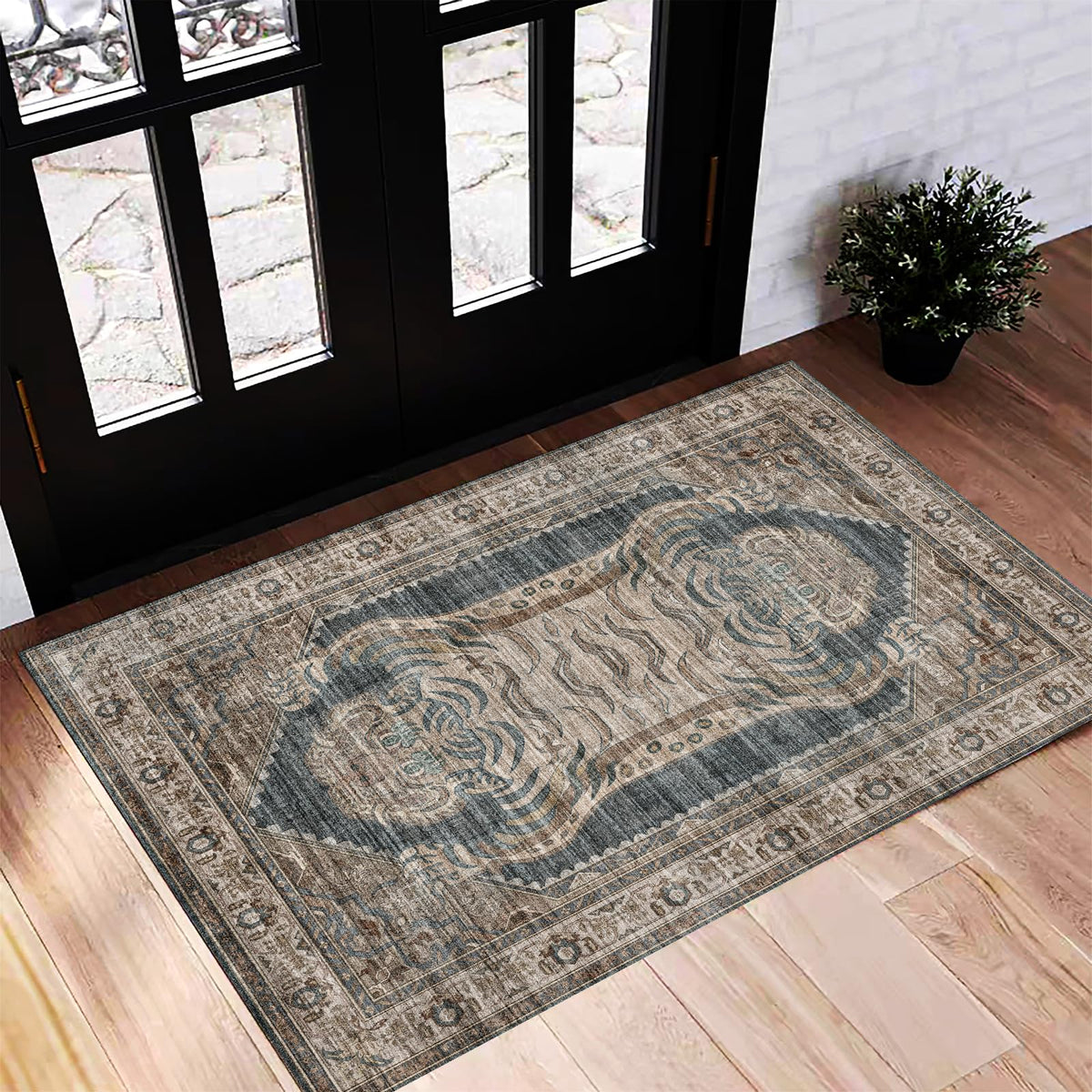 CHAMPLANT 6'x9' Washable Vintage Area Rug Boho Chic Medallion Distressed Design Non-Shedding Easy Care Ideal for High Traffic Areas in Living Room Bedroom Kitchen Office Large Carpet