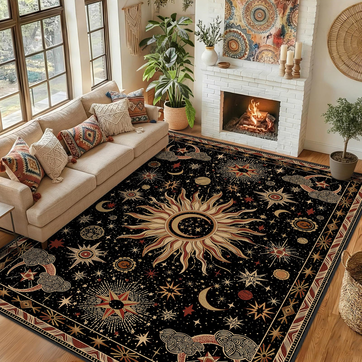 Vacuum-Friendly, 5x7 Washable Area Rug, Black Gold Beige Red