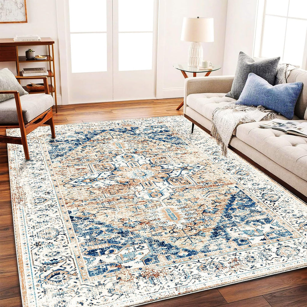CHAMPLANT 6'x9' Washable Vintage Area Rug Boho Chic Medallion Distressed Design Non-Shedding Easy Care Ideal for High Traffic Areas in Living Room Bedroom Kitchen Office Large Carpet