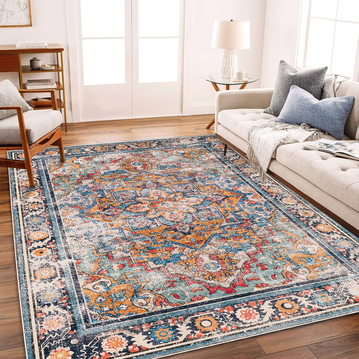 CHAMPLANT 6'x9' Washable Vintage Area Rug Boho Chic Medallion Distressed Design Non-Shedding Easy Care Ideal for High Traffic Areas in Living Room Bedroom Kitchen Office Large Carpet