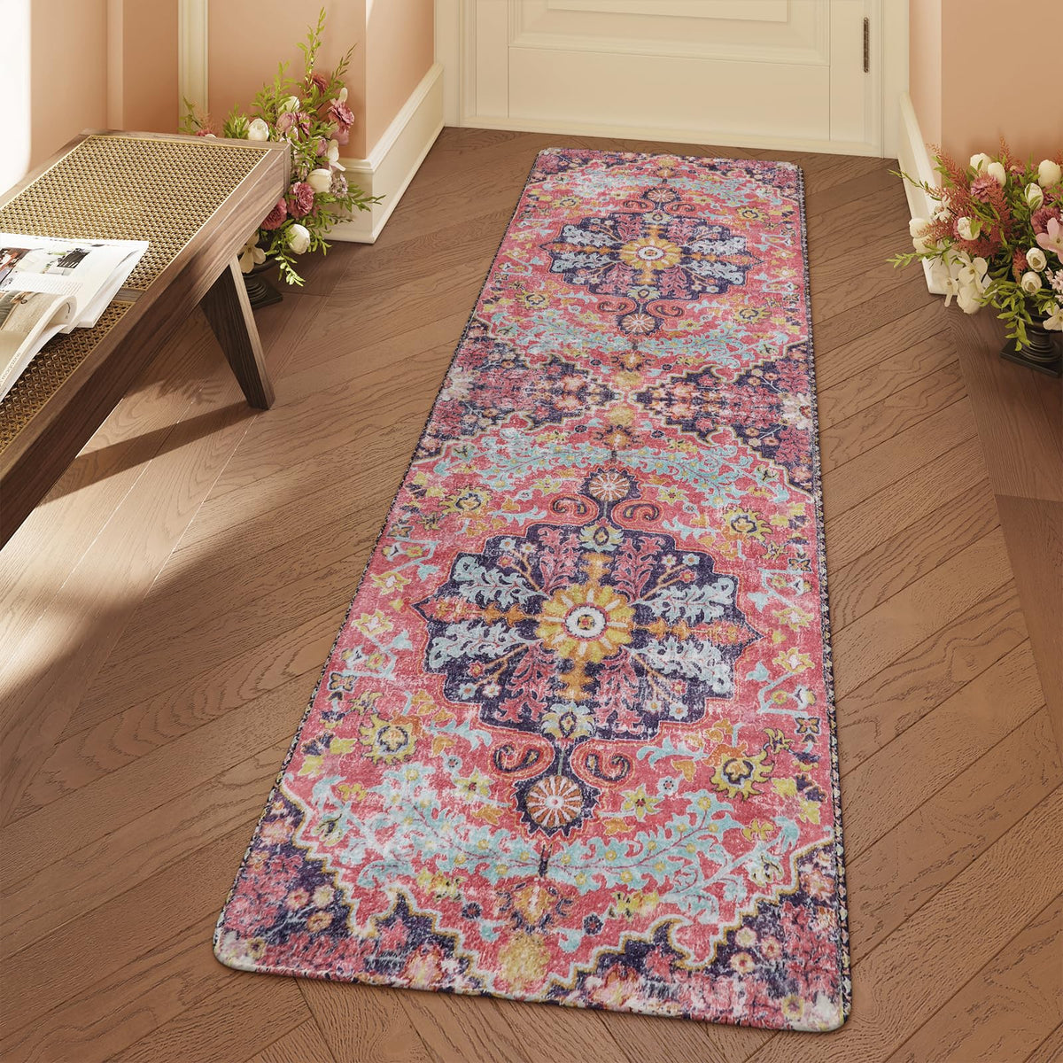Lahome Felice Boho Tribal 2x3 Washable Small Rugs for Entryway Doormat Indoor Entrance, Throw Rugs with Rubber Backing, Bohemian Soft Non-Slip Bathroom Carpet for Bath Front Door Kitchen Floor