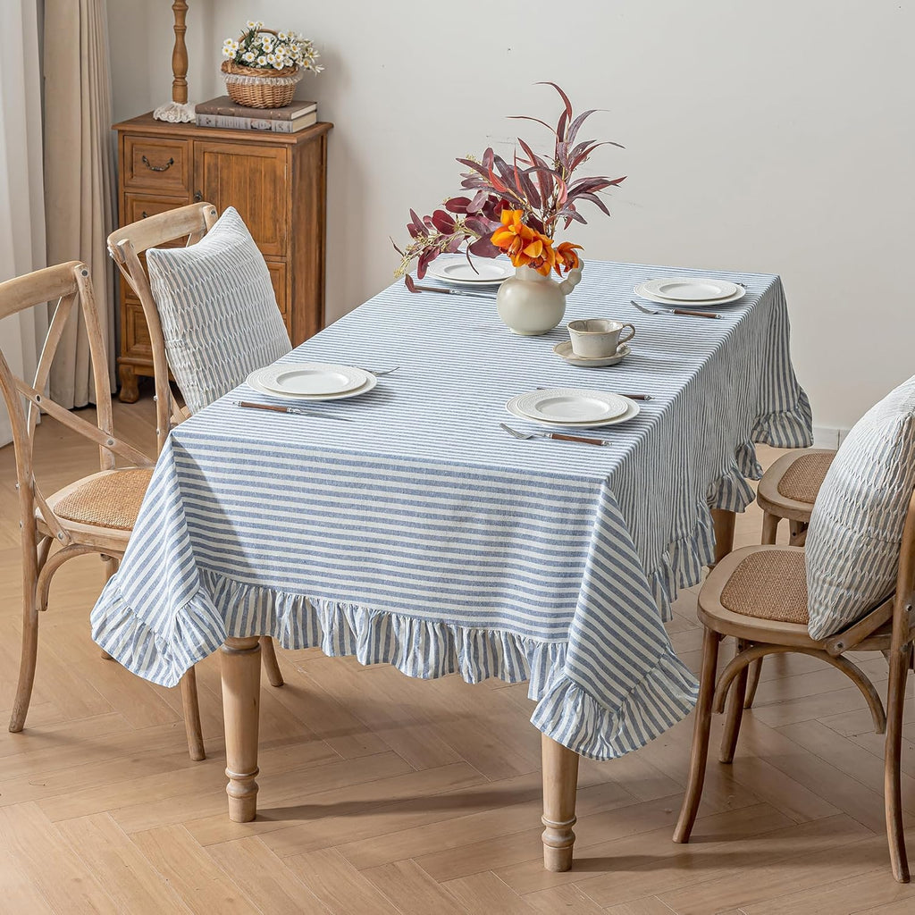 Striped Cotton Blend Tablecloth Ruffled Table Cloth Blue, 60"×120"