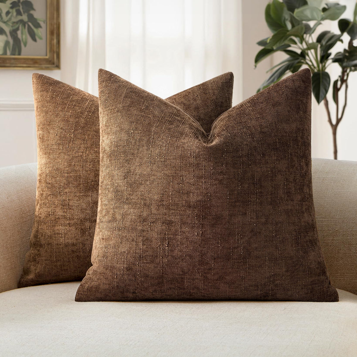 MIULEE Textured Chenille Throw Pillow Covers 20x20 Inch Taupe Grey