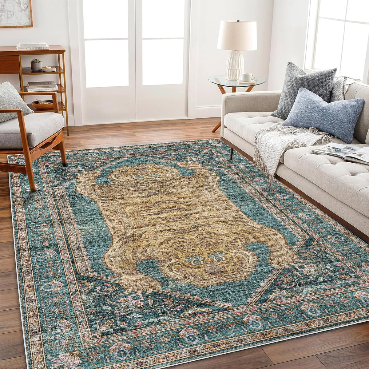 CHAMPLANT 6'x9' Washable Vintage Area Rug Boho Chic Medallion Distressed Design Non-Shedding Easy Care Ideal for High Traffic Areas in Living Room Bedroom Kitchen Office Large Carpet