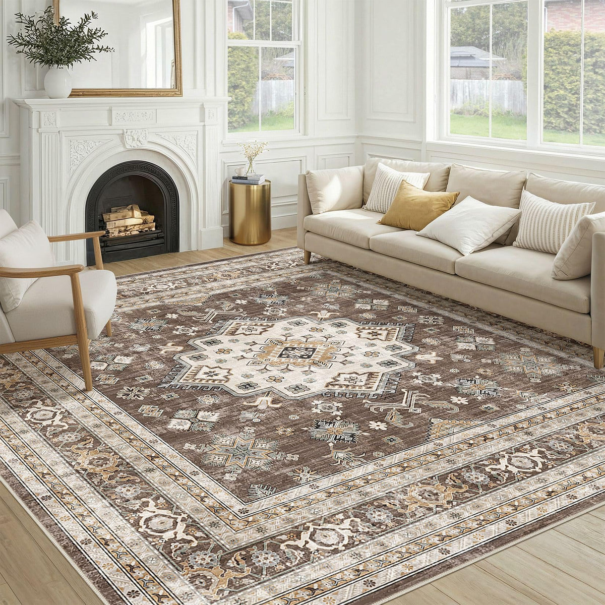 cotiled 5x7 Area Rug for Living Room, Washable, Traditional, Beige