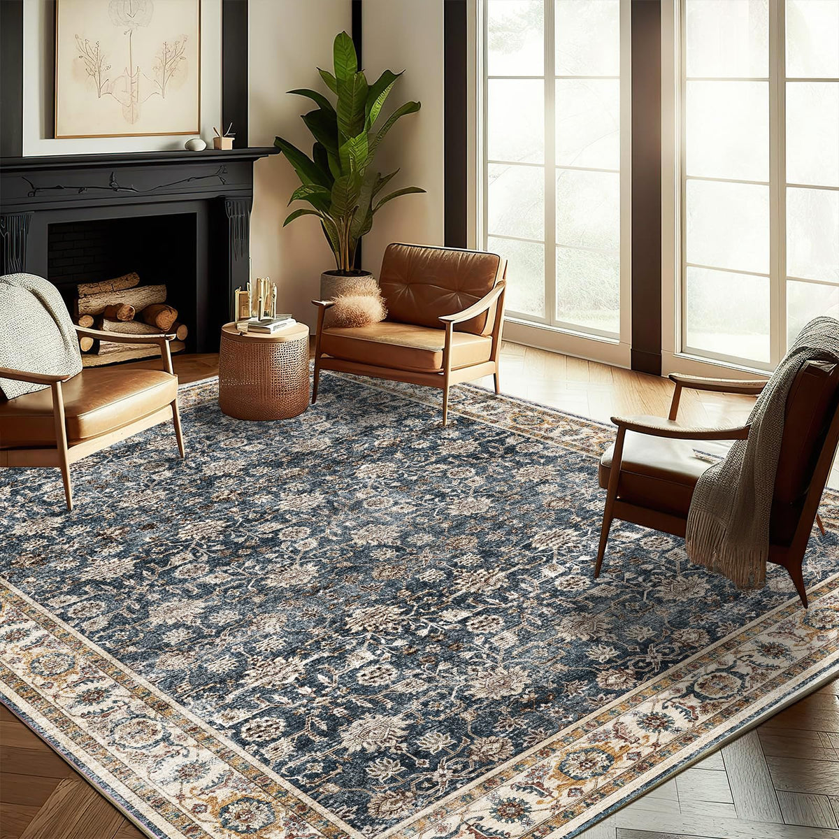 CHAMPLANT 6'x9' Washable Vintage Area Rug Boho Chic Medallion Distressed Design Non-Shedding Easy Care Ideal for High Traffic Areas in Living Room Bedroom Kitchen Office Large Carpet