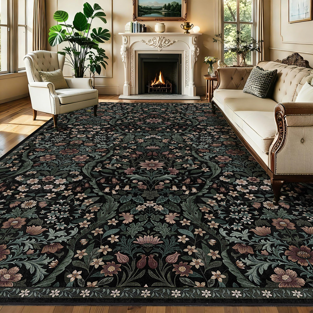 Floral Area Rug 5x7 Botanical Washable Carpet for Living Room