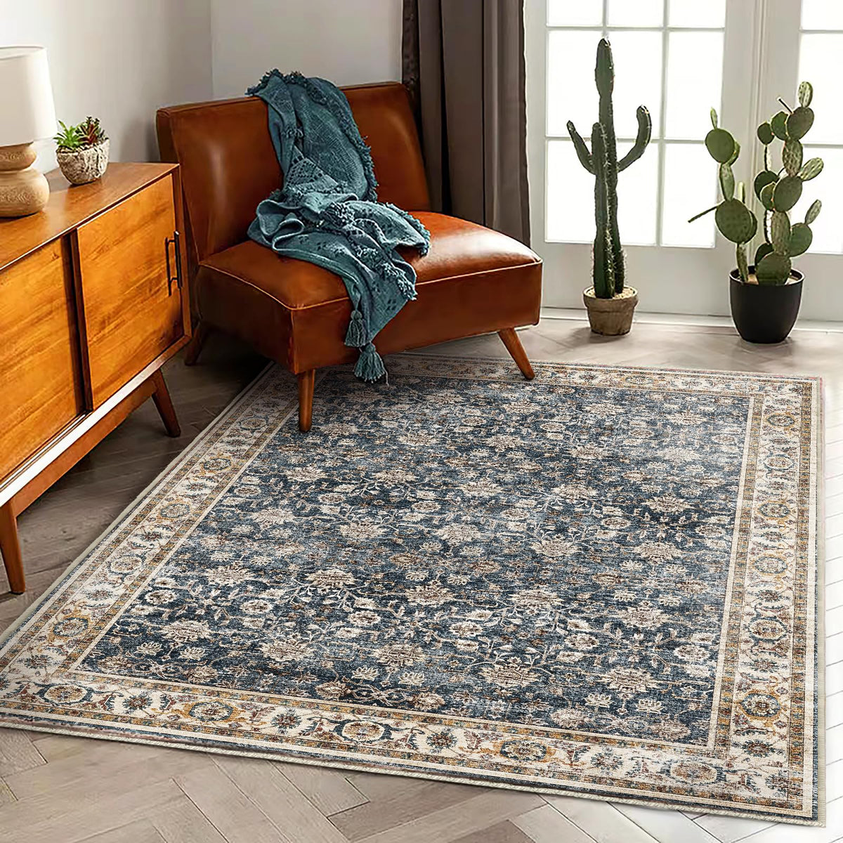 CHAMPLANT 6'x9' Washable Vintage Area Rug Boho Chic Medallion Distressed Design Non-Shedding Easy Care Ideal for High Traffic Areas in Living Room Bedroom Kitchen Office Large Carpet