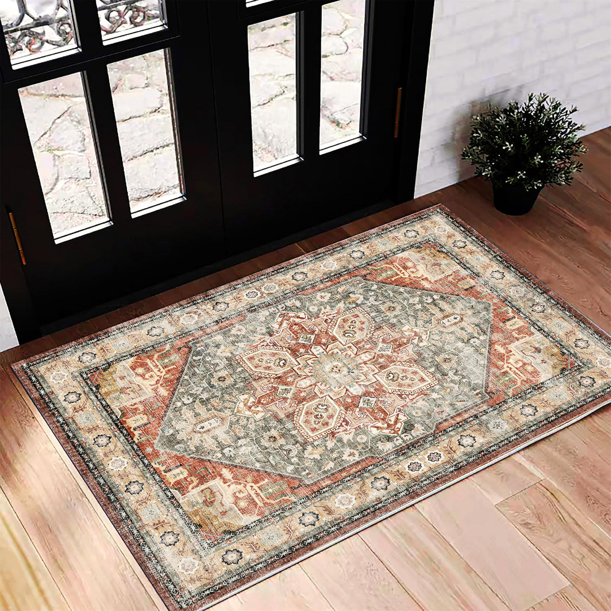 CHAMPLANT 6'x9' Washable Vintage Area Rug Boho Chic Medallion Distressed Design Non-Shedding Easy Care Ideal for High Traffic Areas in Living Room Bedroom Kitchen Office Large Carpet