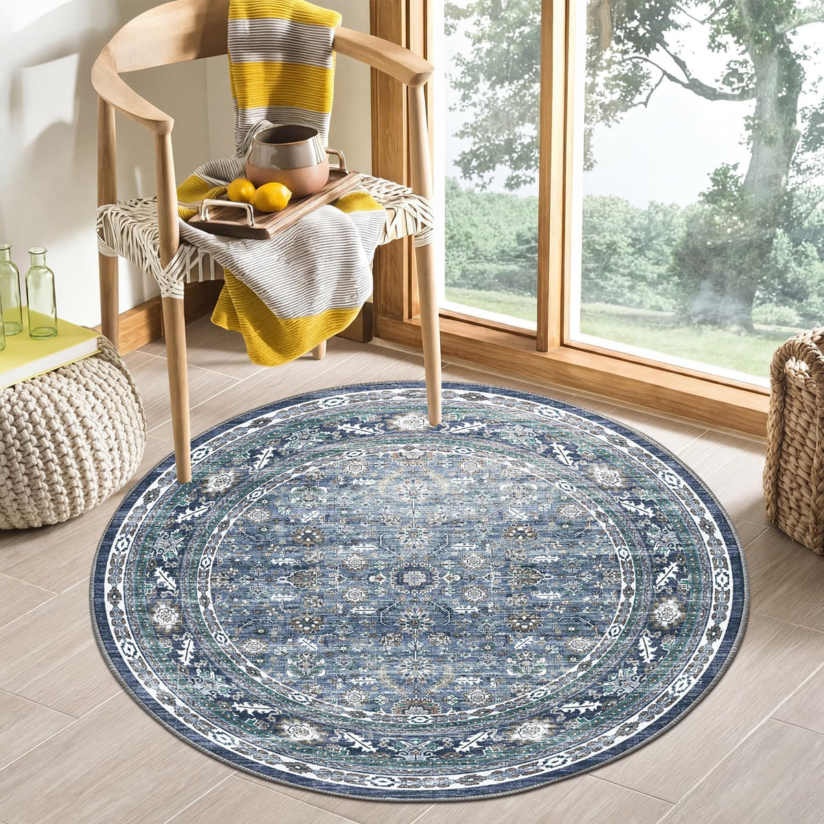 OPPODREAM Vintage Blue Area Rugs 5x7, Washable Rug for Living Room