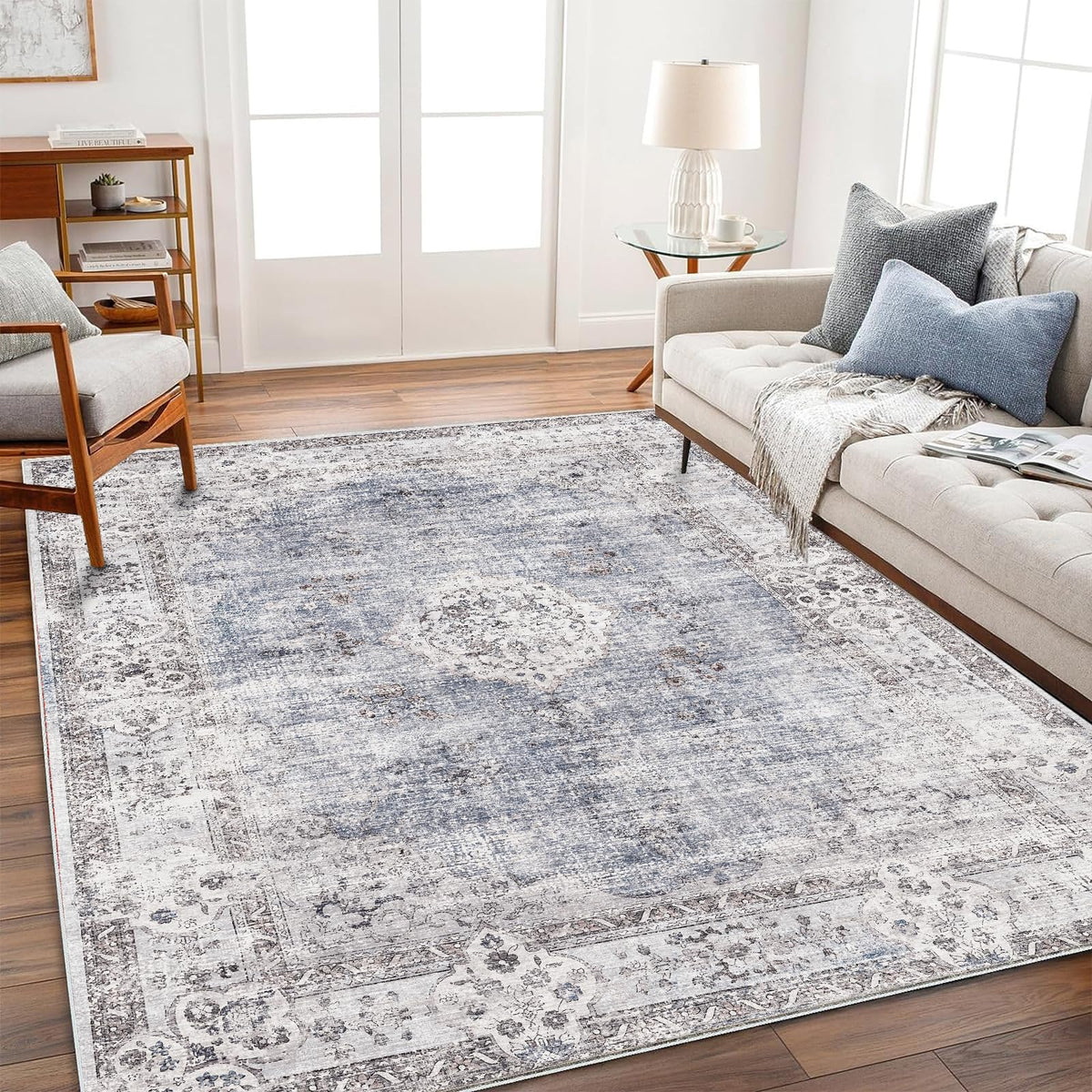 CHAMPLANT 6'x9' Washable Vintage Area Rug Boho Chic Medallion Distressed Design Non-Shedding Easy Care Ideal for High Traffic Areas in Living Room Bedroom Kitchen Office Large Carpet