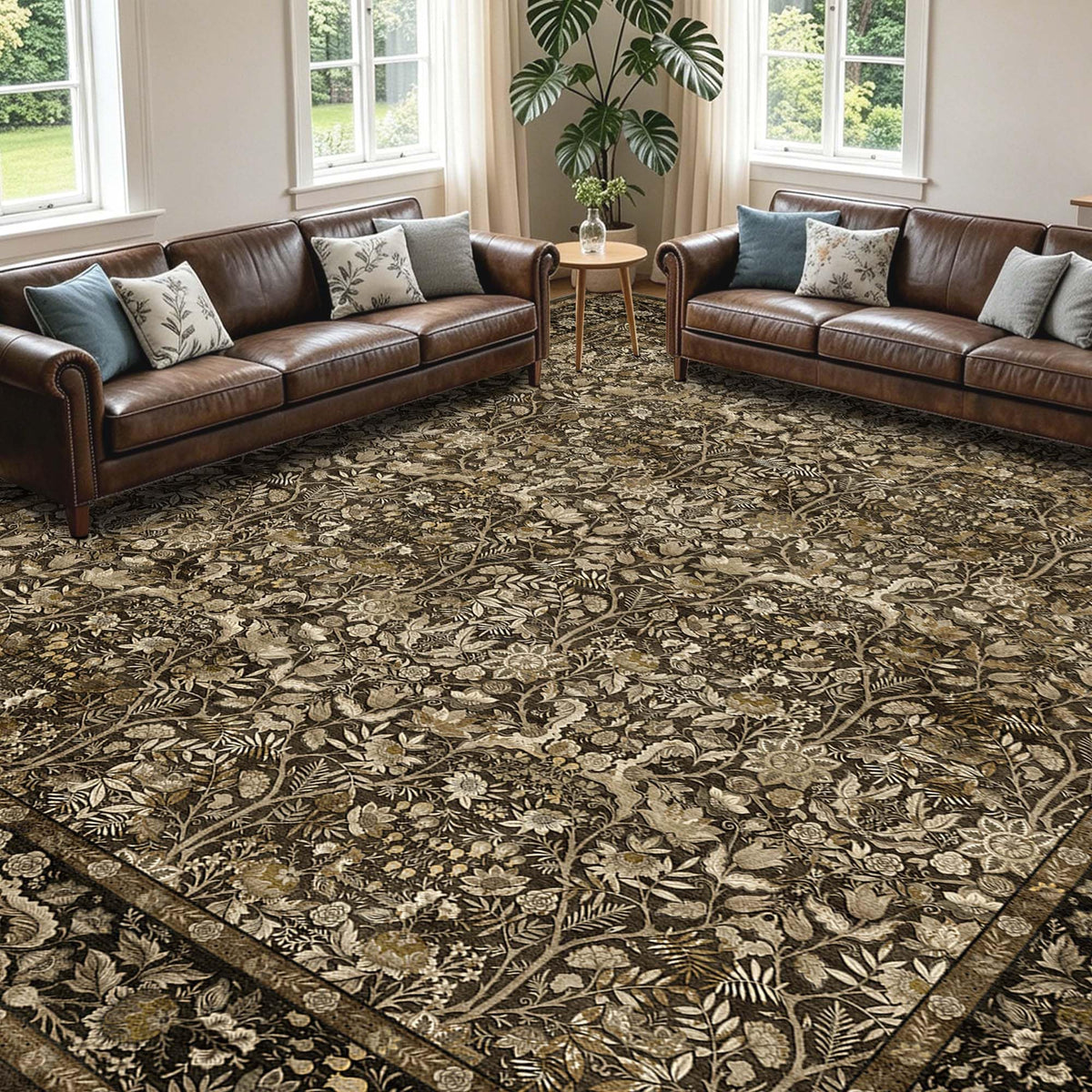 Vintage Botanical Area Rug 8x10: Floral Carpet Non-Slip - Dark Green