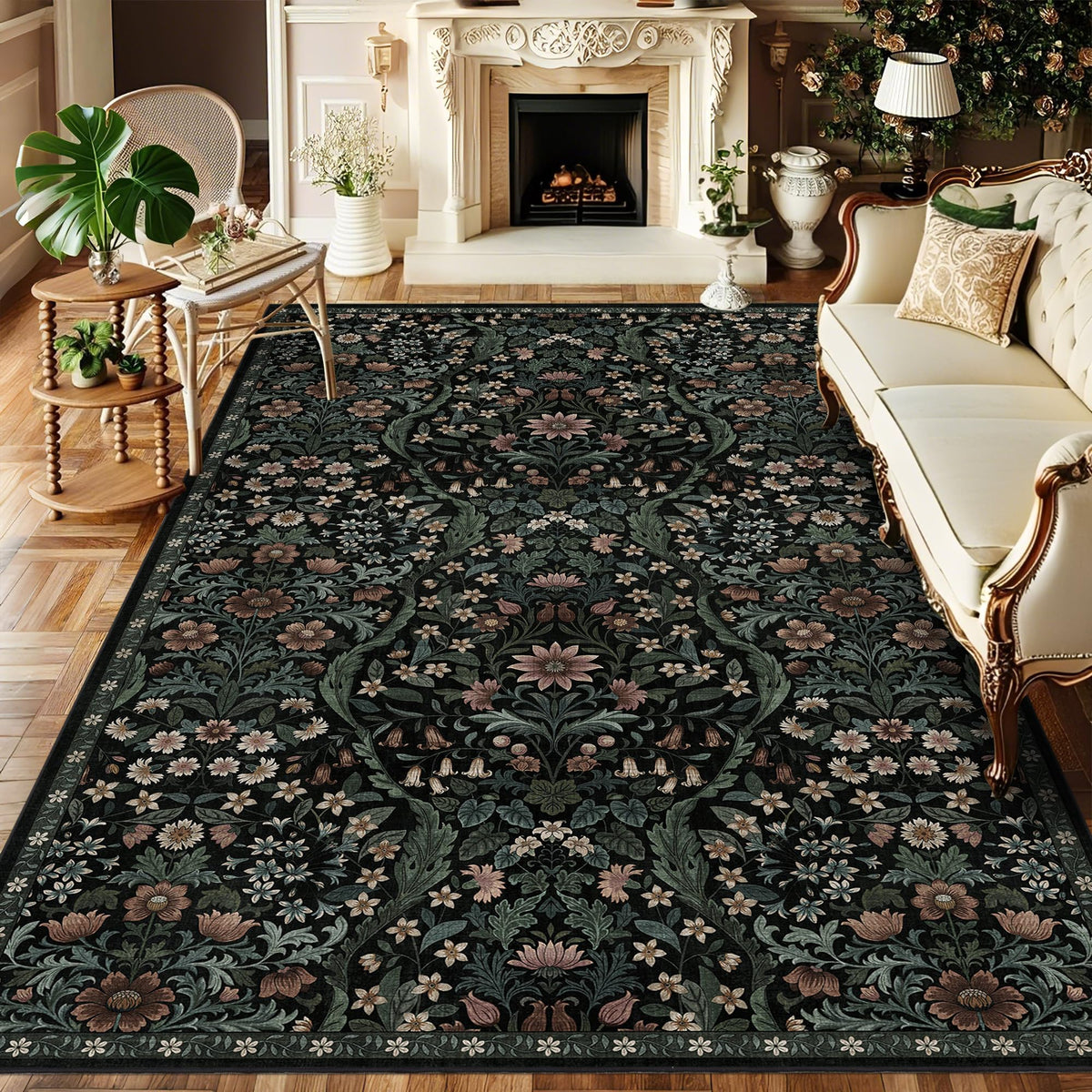 Floral Area Rug 5x7 Botanical Washable Carpet for Living Room